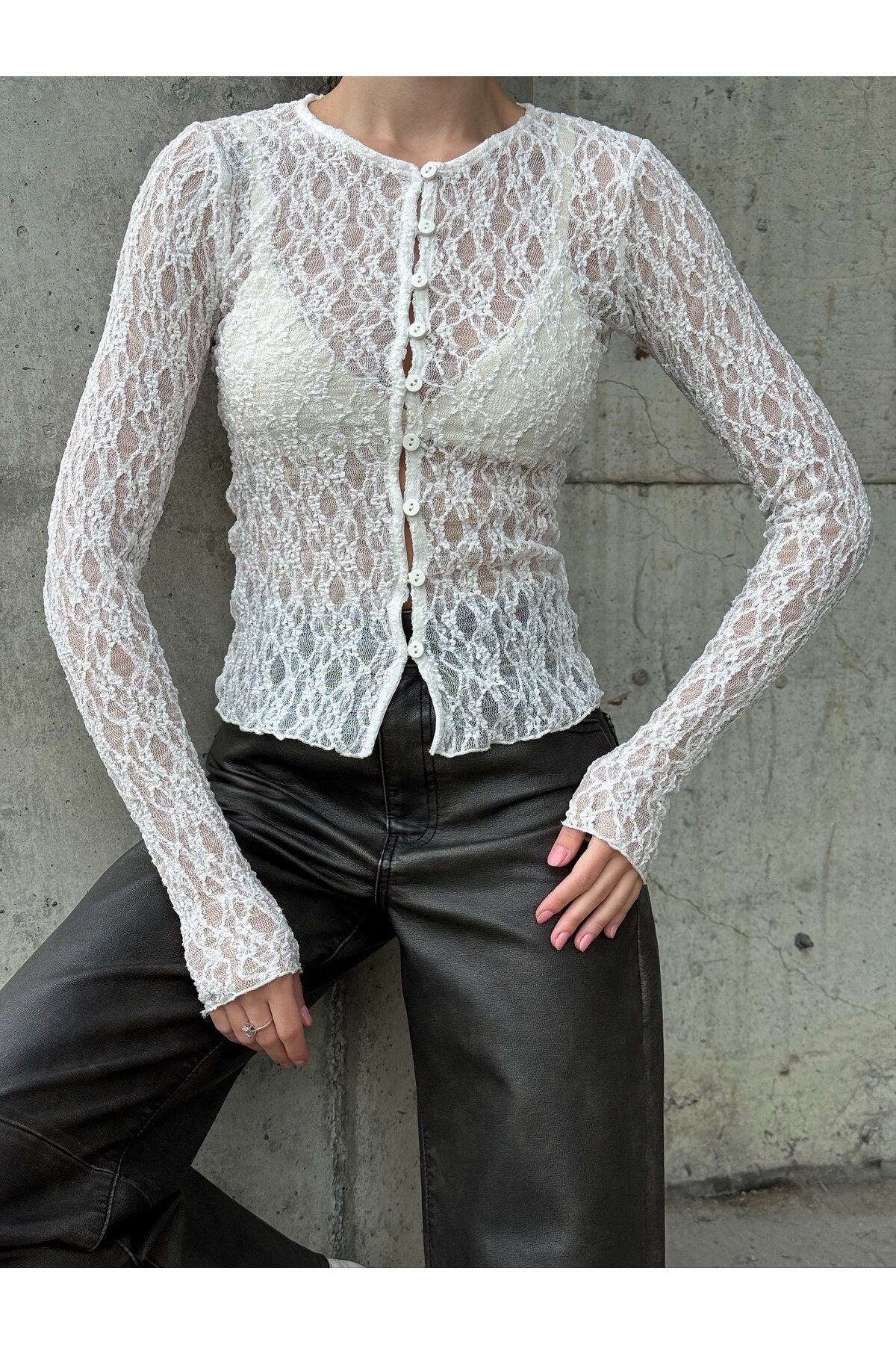 Kadın Bisiklet Yaka Önden Düğmeli Full Esnek Dantel Bürümcük Spor Şık Tasarım Gece Bluzu