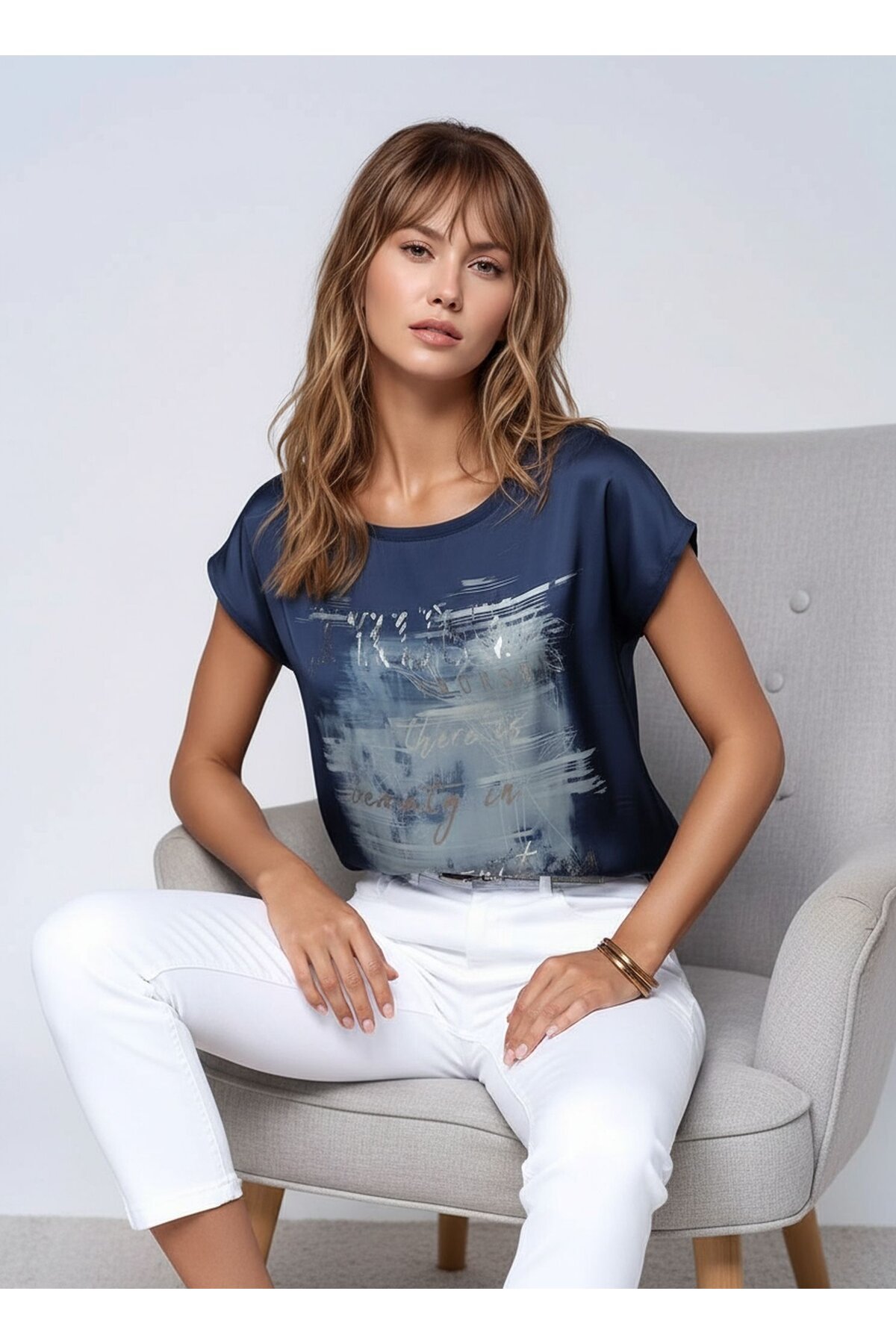 Kadın Bisiklet Yaka Saten Viskon Kısa Kol Spor Şık Desenli Bluz