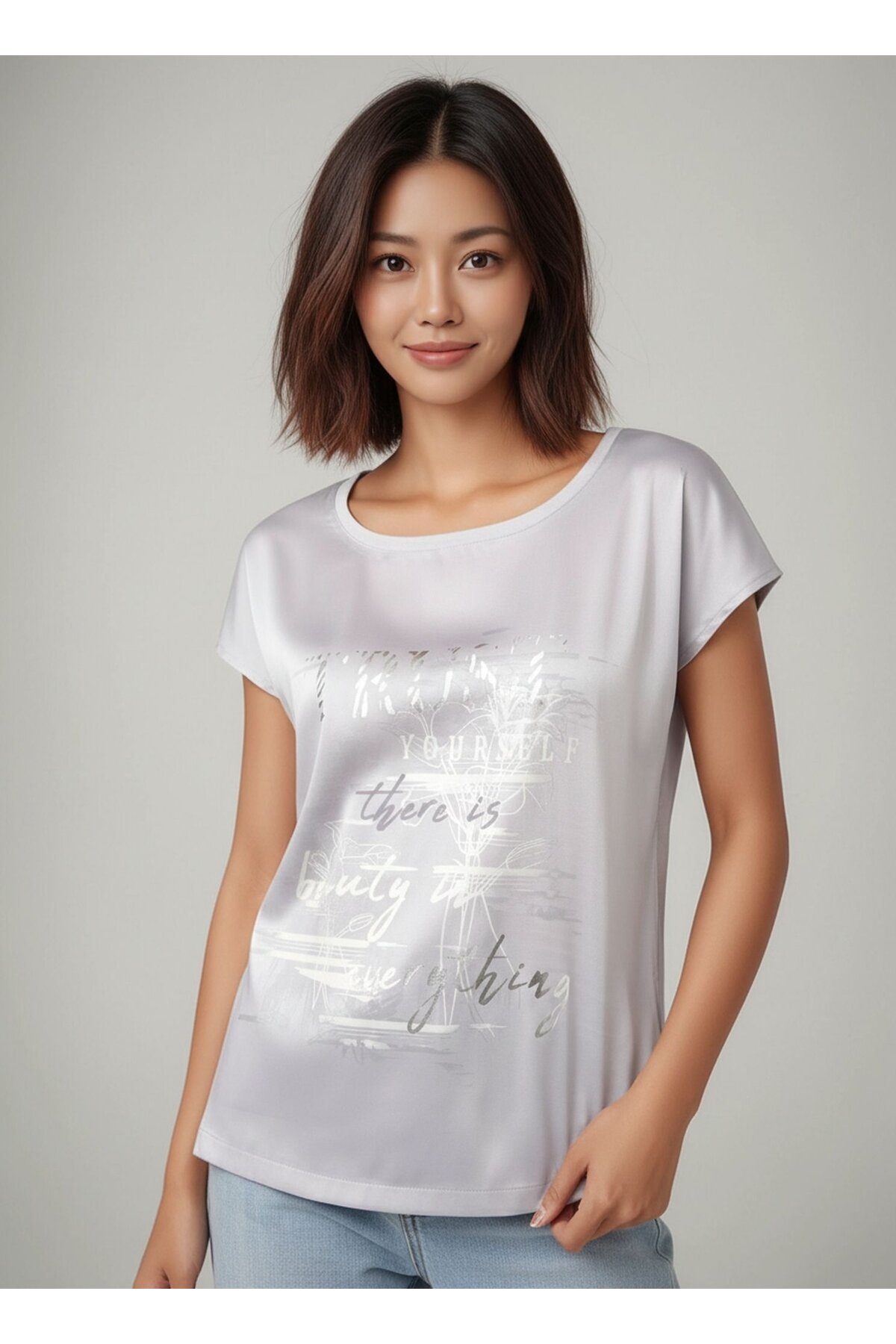 Kadın Bisiklet Yaka Saten Viskon Kısa Kol Spor Şık Desenli Bluz