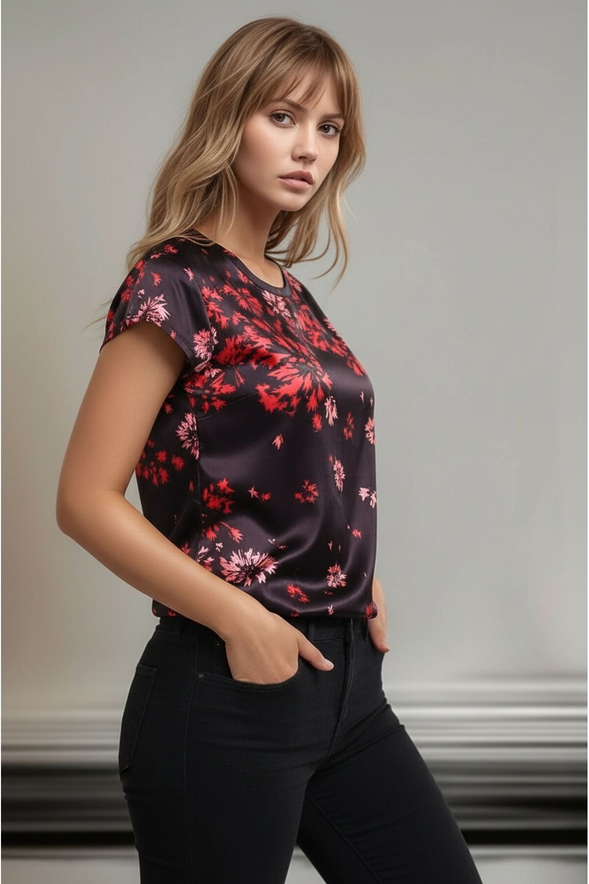 Kadın Bisiklet Yaka Saten Viskon Kısa Kol Spor Şık Desenli Bluz