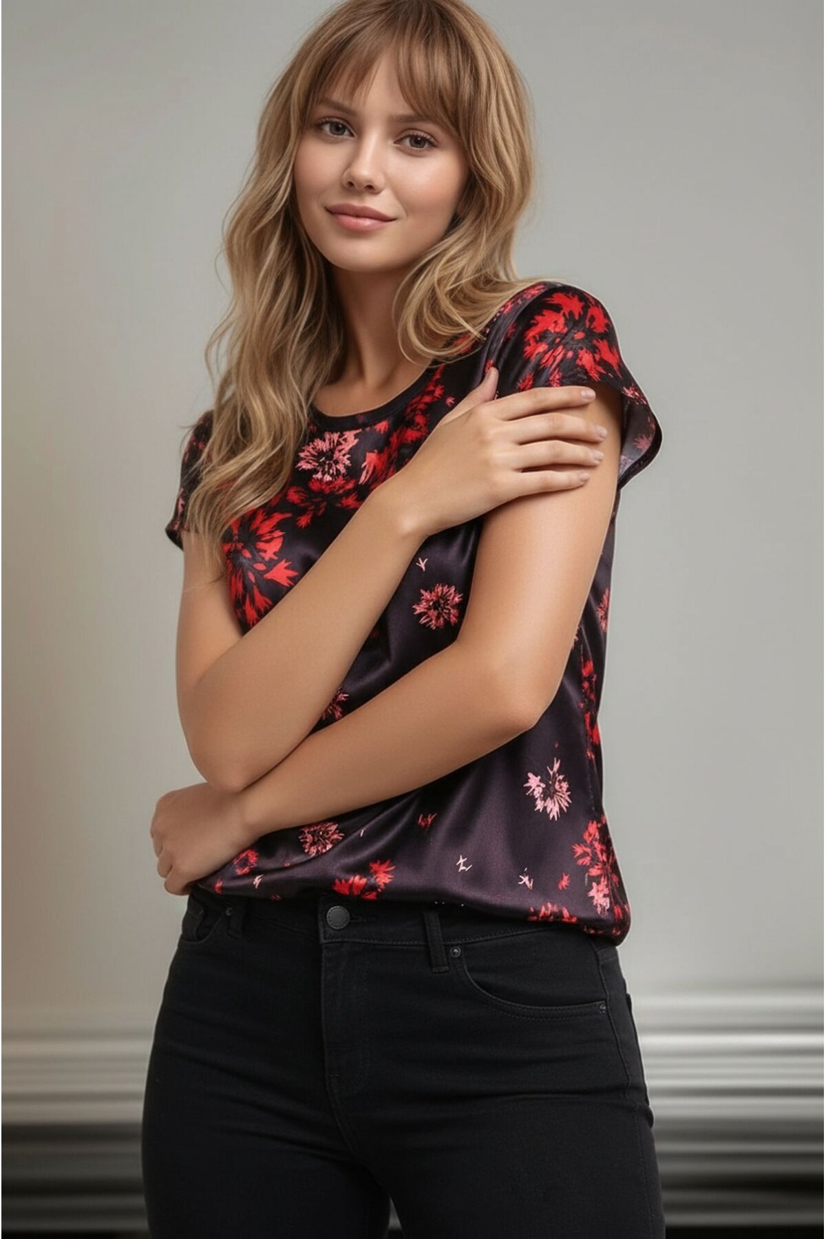 Kadın Bisiklet Yaka Saten Viskon Kısa Kol Spor Şık Desenli Bluz