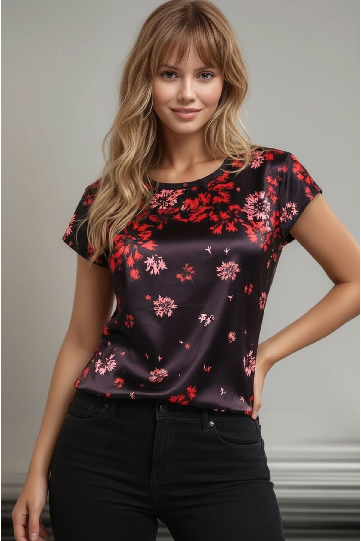 Kadın Bisiklet Yaka Saten Viskon Kısa Kol Spor Şık Desenli Bluz