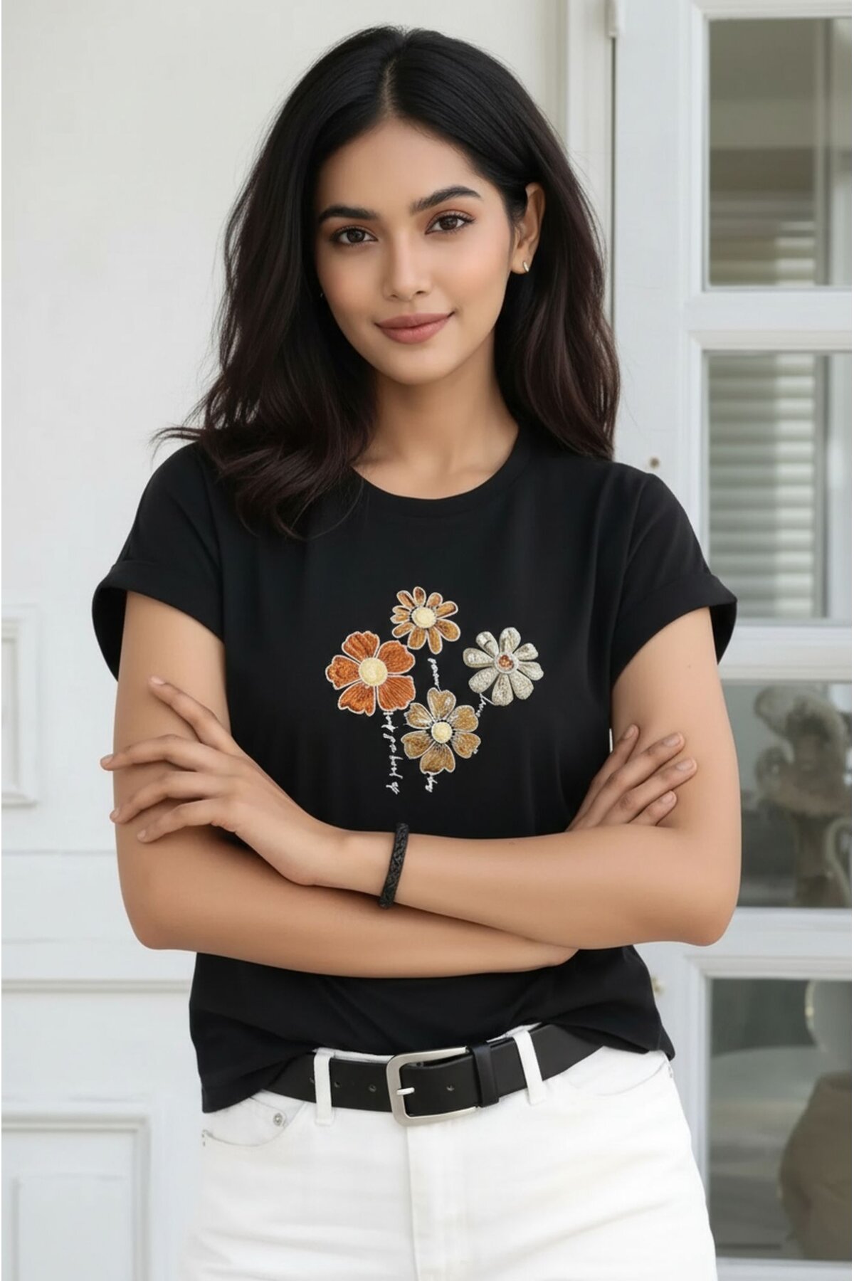 Kadın Bisiklet Yaka Jersey Pamuklu Çiçek Nakışlı Kısa Kol Spor Şık Bluz
