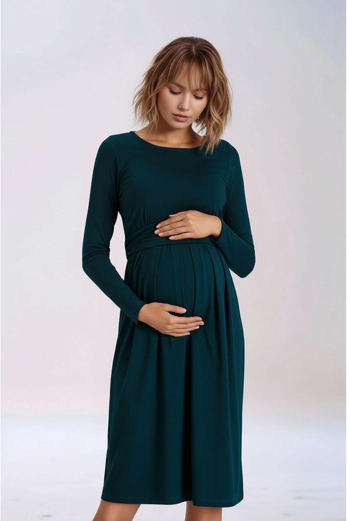 Kadın Bisiklet Yaka Tesettüre Uygun Uzun Kol Viskon Gizli Emzirme Bölümlü Şık Hamile Elbisesi