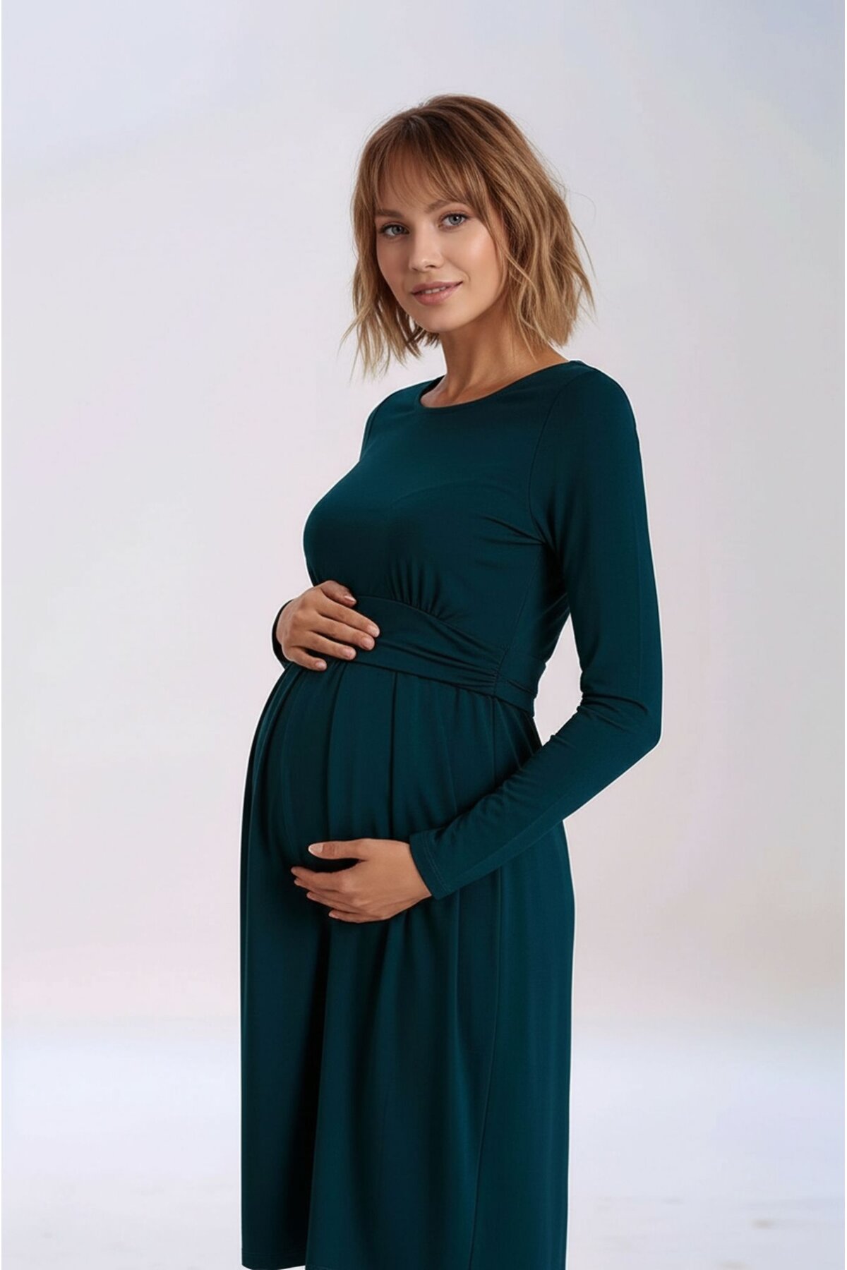 Kadın Bisiklet Yaka Tesettüre Uygun Uzun Kol Viskon Gizli Emzirme Bölümlü Şık Hamile Elbisesi