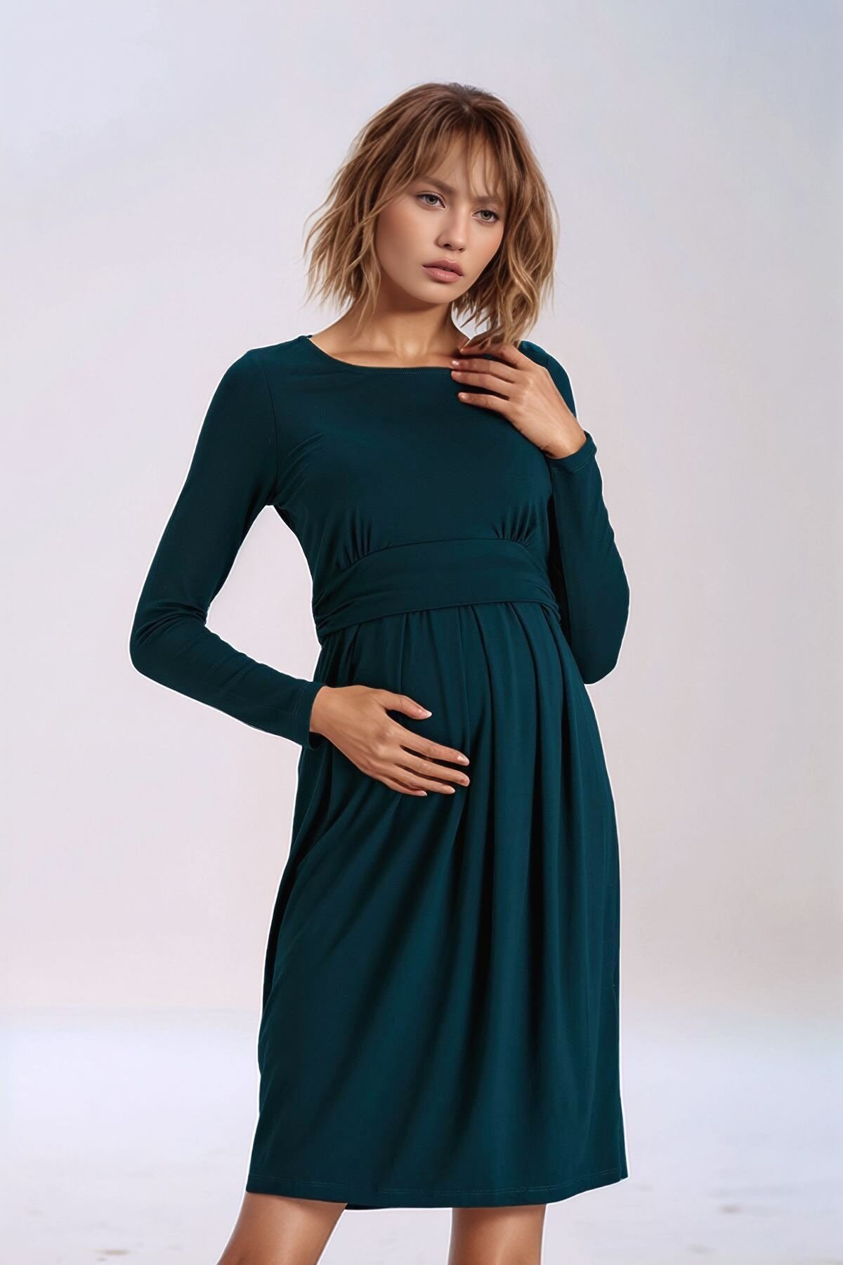 Kadın Bisiklet Yaka Tesettüre Uygun Uzun Kol Viskon Gizli Emzirme Bölümlü Şık Hamile Elbisesi