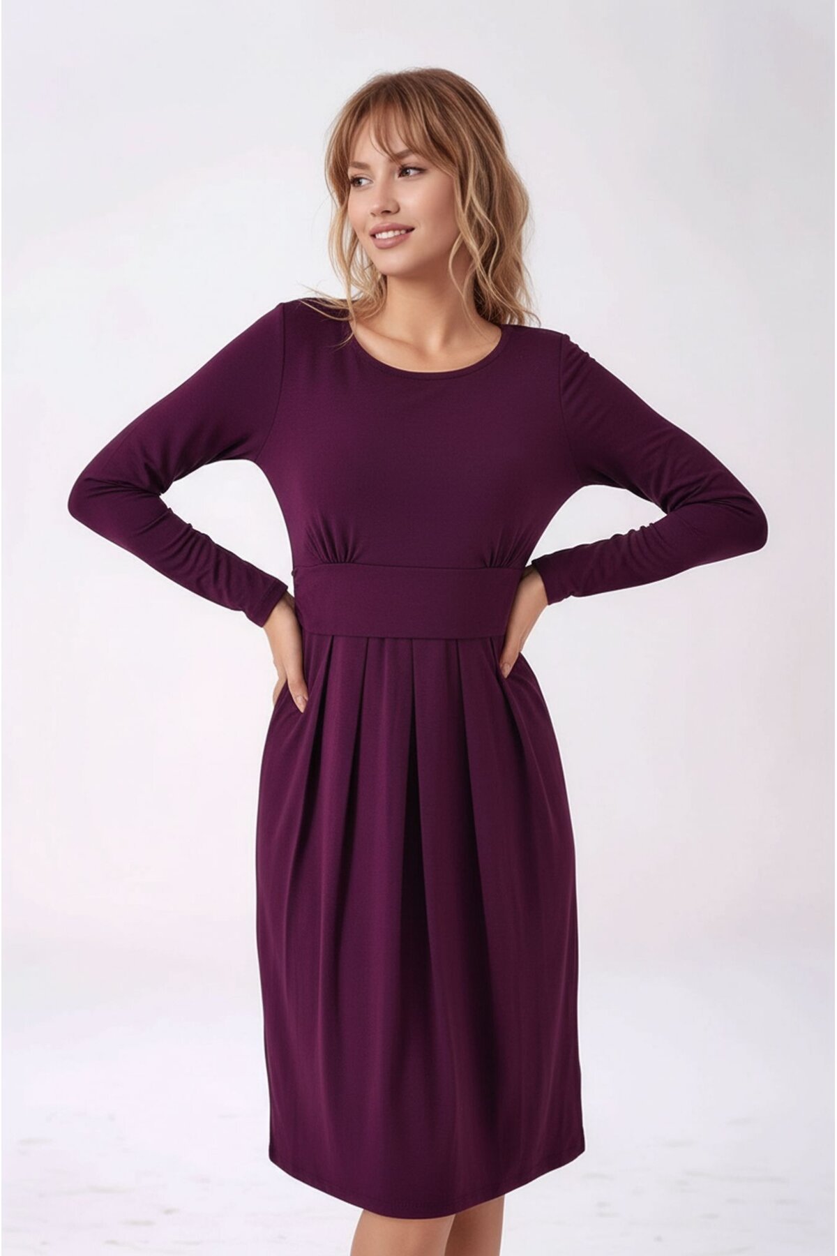 Kadın Bisiklet Yaka Tesettüre Uygun Uzun Kol Viskon Gizli Emzirme Bölümlü Şık Hamile Elbisesi