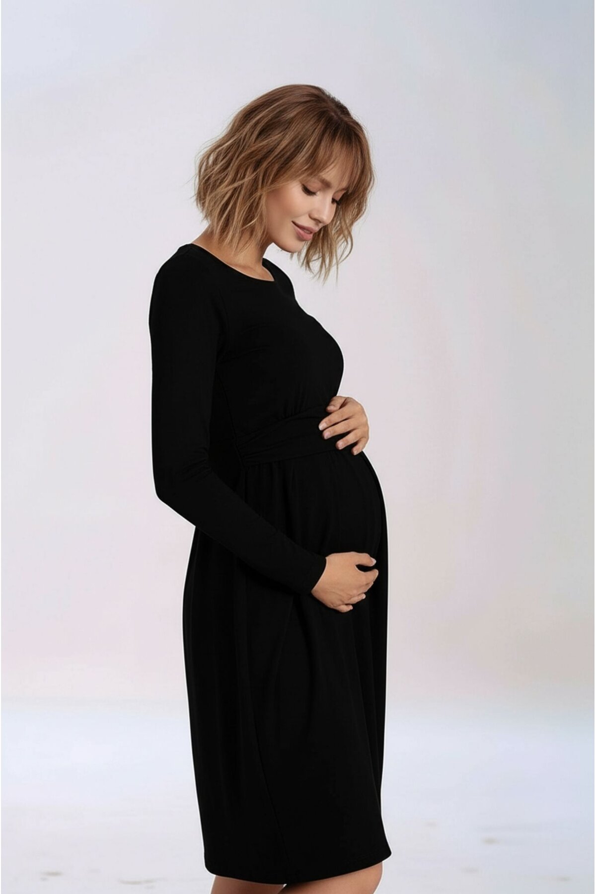 Kadın Bisiklet Yaka Tesettüre Uygun Uzun Kol Viskon Gizli Emzirme Bölümlü Şık Hamile Elbisesi