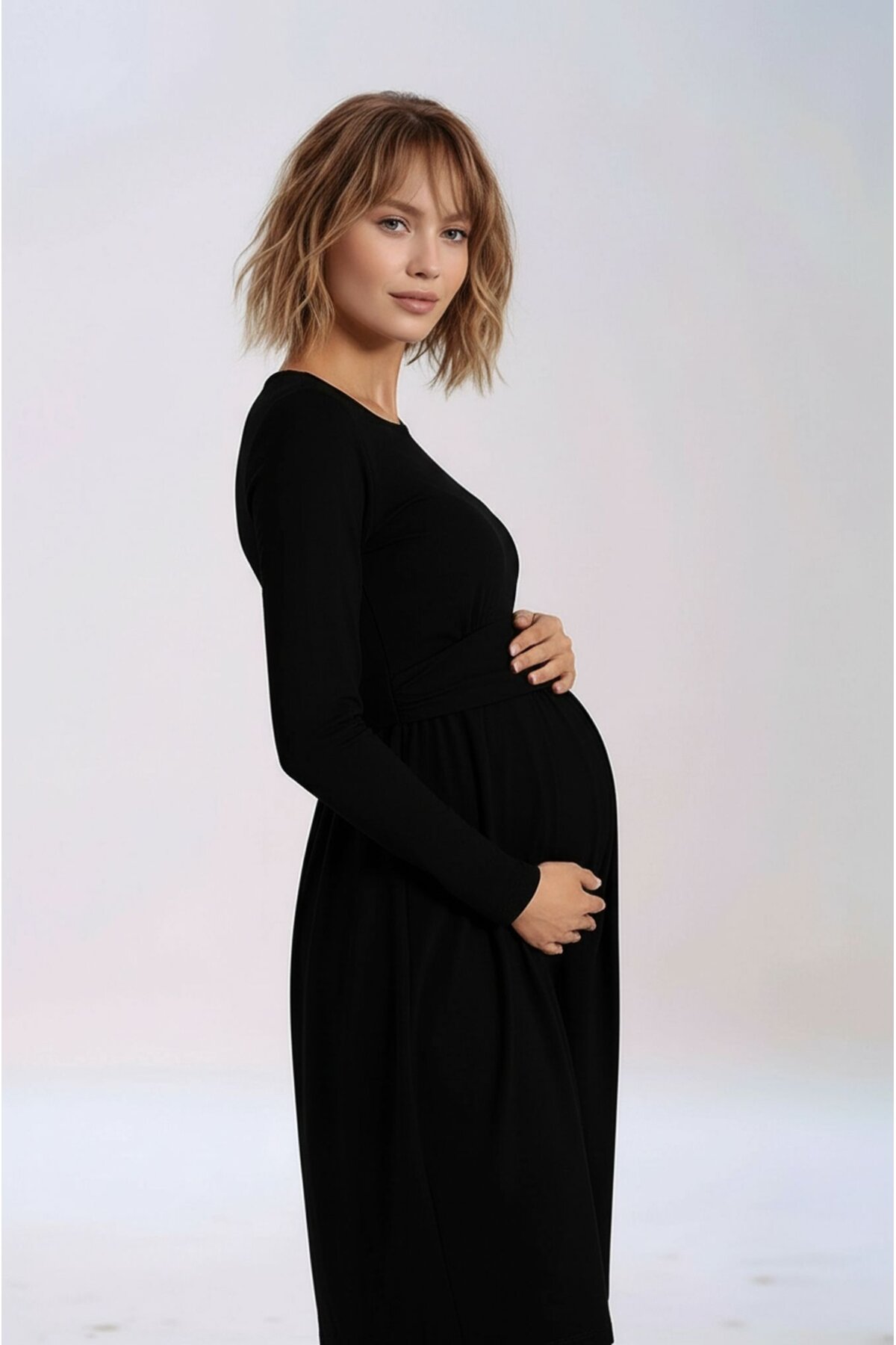 Kadın Bisiklet Yaka Tesettüre Uygun Uzun Kol Viskon Gizli Emzirme Bölümlü Şık Hamile Elbisesi
