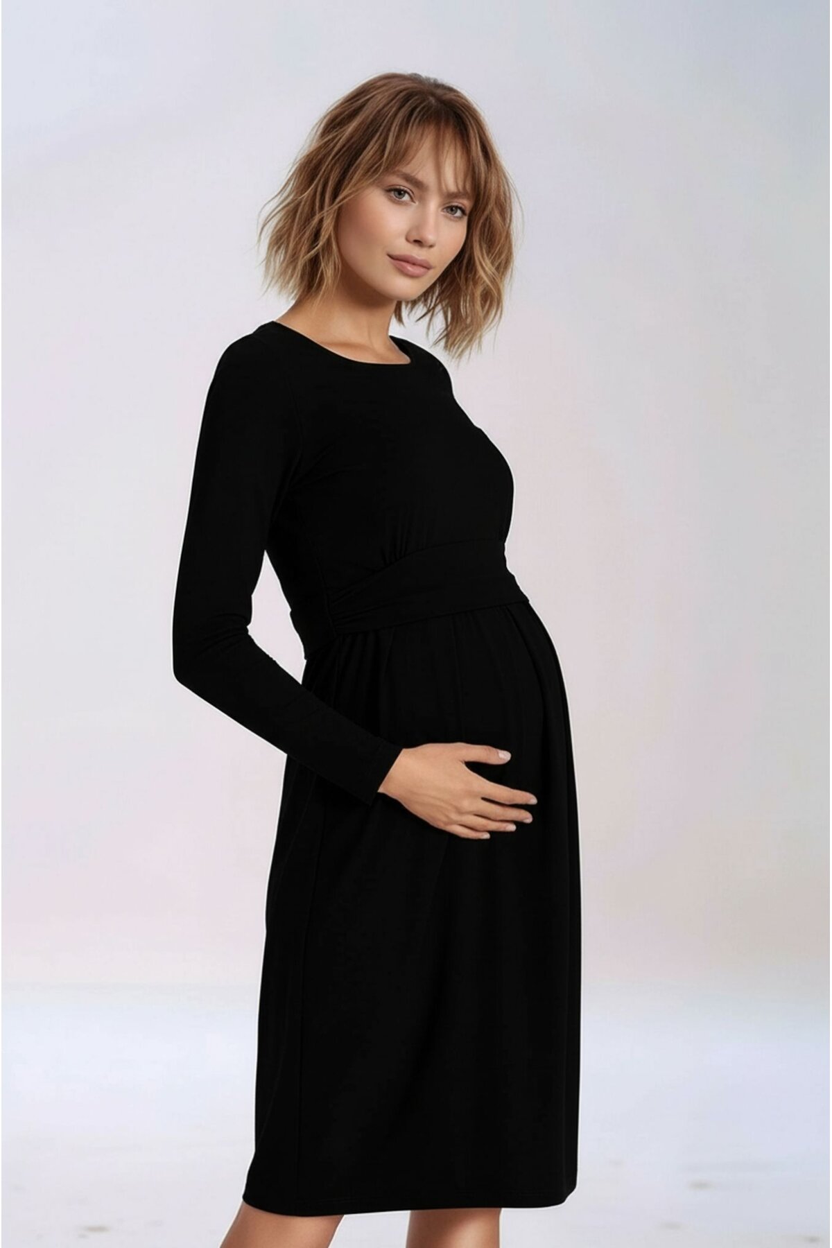 Kadın Bisiklet Yaka Tesettüre Uygun Uzun Kol Viskon Gizli Emzirme Bölümlü Şık Hamile Elbisesi