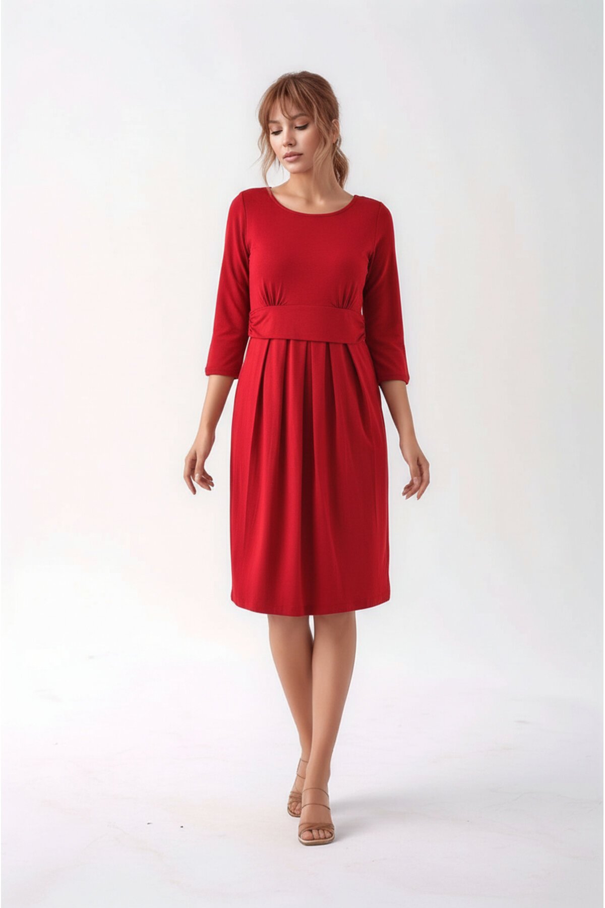 Kadın Bisiklet Yaka Tesettüre Uygun Uzun Kol Viskon Gizli Emzirme Bölümlü Şık Hamile Elbisesi