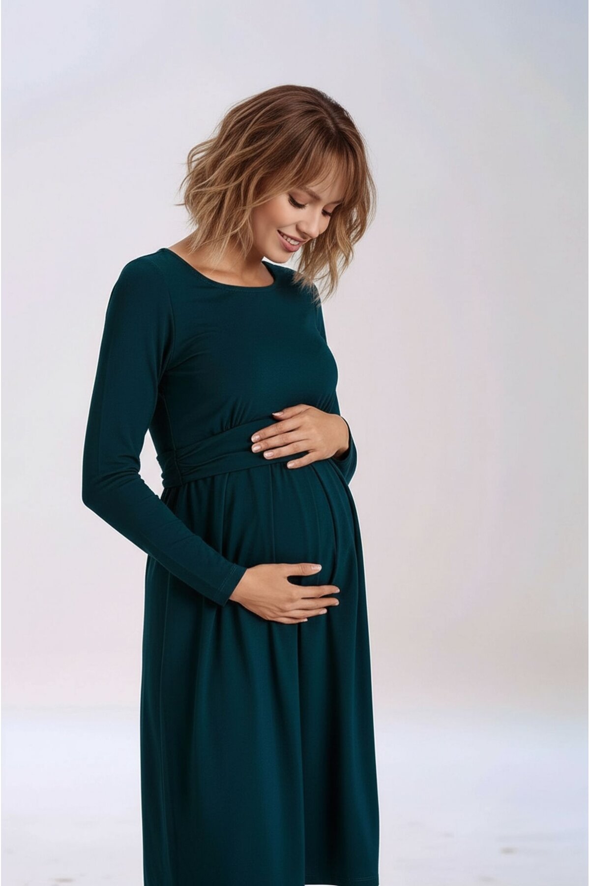 Kadın Bisiklet Yaka Tesettüre Uygun Uzun Kol Viskon Gizli Emzirme Bölümlü Şık Hamile Elbisesi