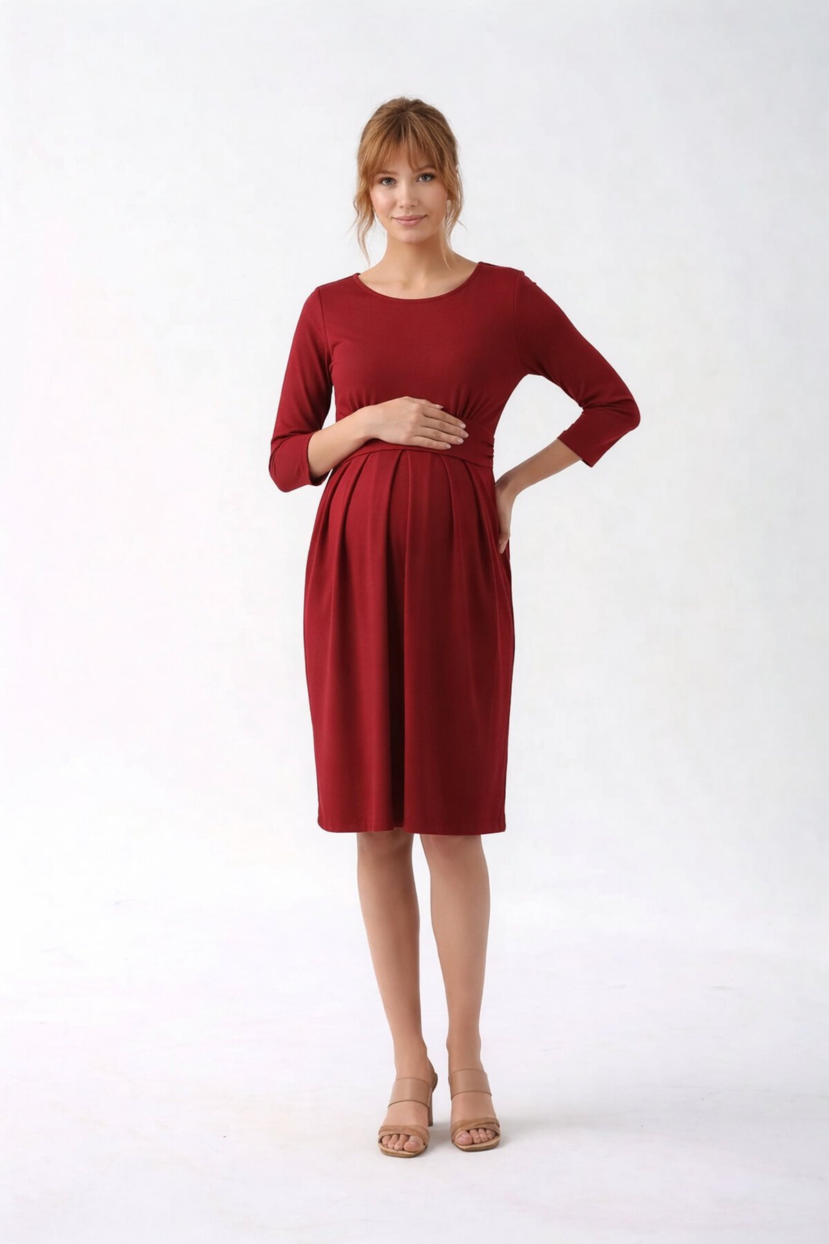 Kadın Bisiklet Yaka Tesettüre Uygun Uzun Kol Viskon Gizli Emzirme Bölümlü Şık Hamile Elbisesi