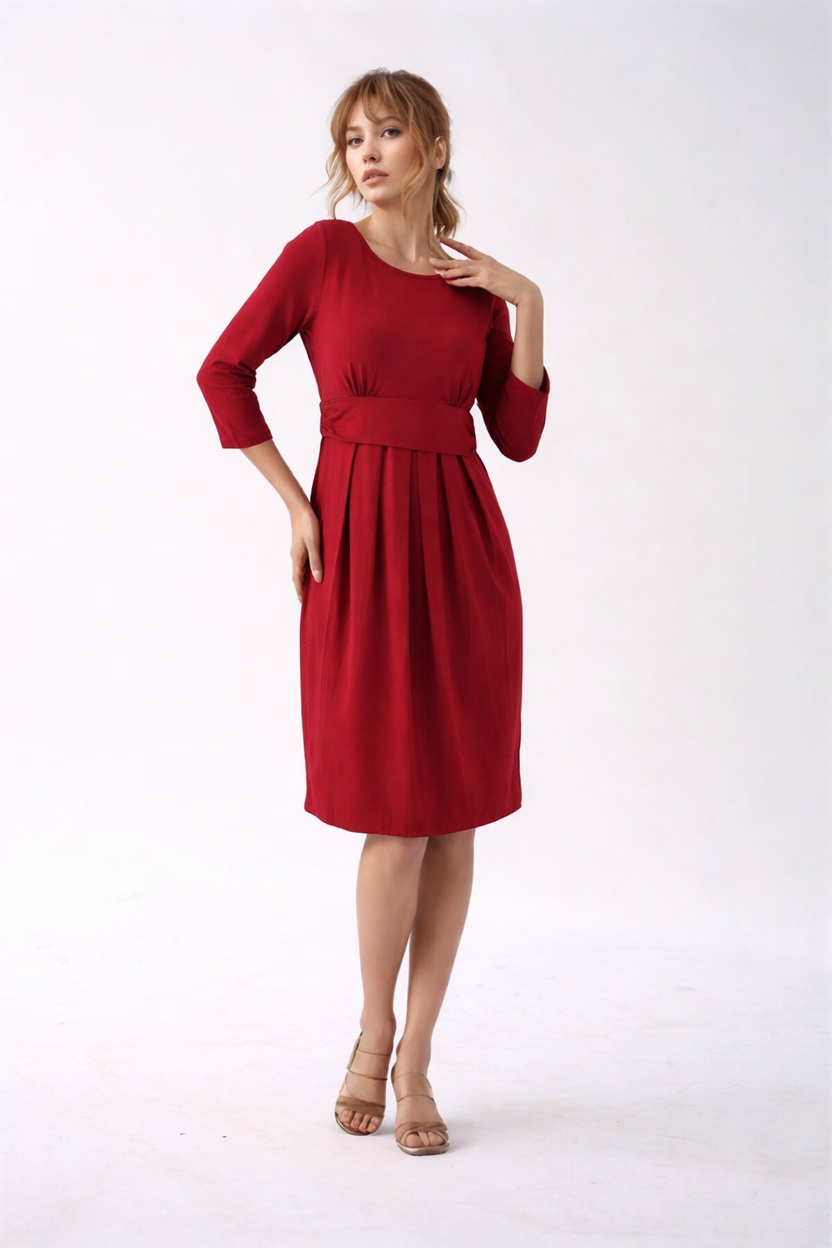 Kadın Bisiklet Yaka Tesettüre Uygun Uzun Kol Viskon Gizli Emzirme Bölümlü Şık Hamile Elbisesi