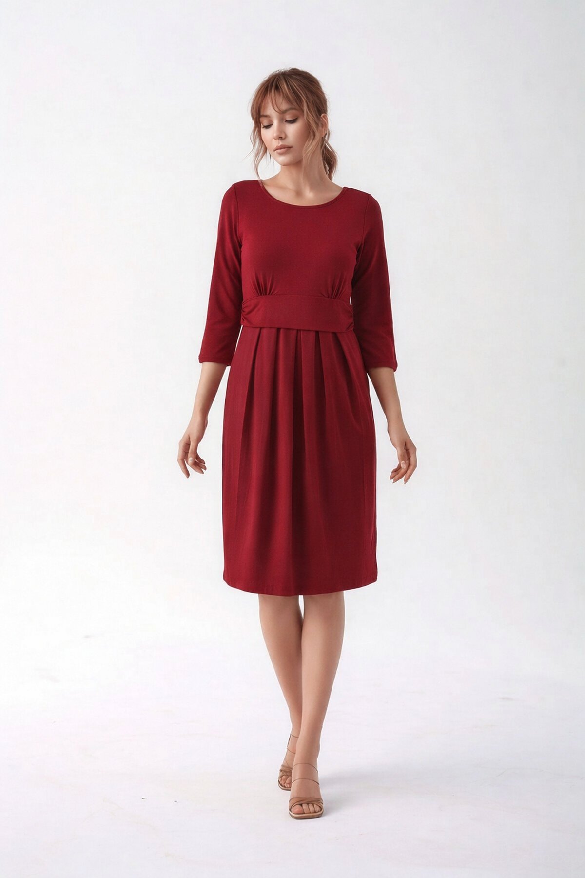 Kadın Bisiklet Yaka Tesettüre Uygun Uzun Kol Viskon Gizli Emzirme Bölümlü Şık Hamile Elbisesi