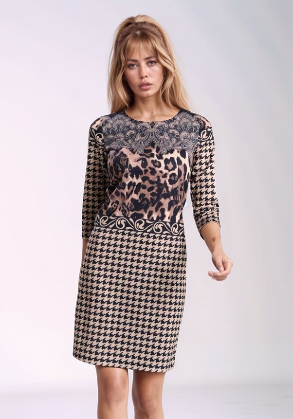 Kadın Bisiklet Yaka Truvakar Kol Desenli Spor Şık Elbise