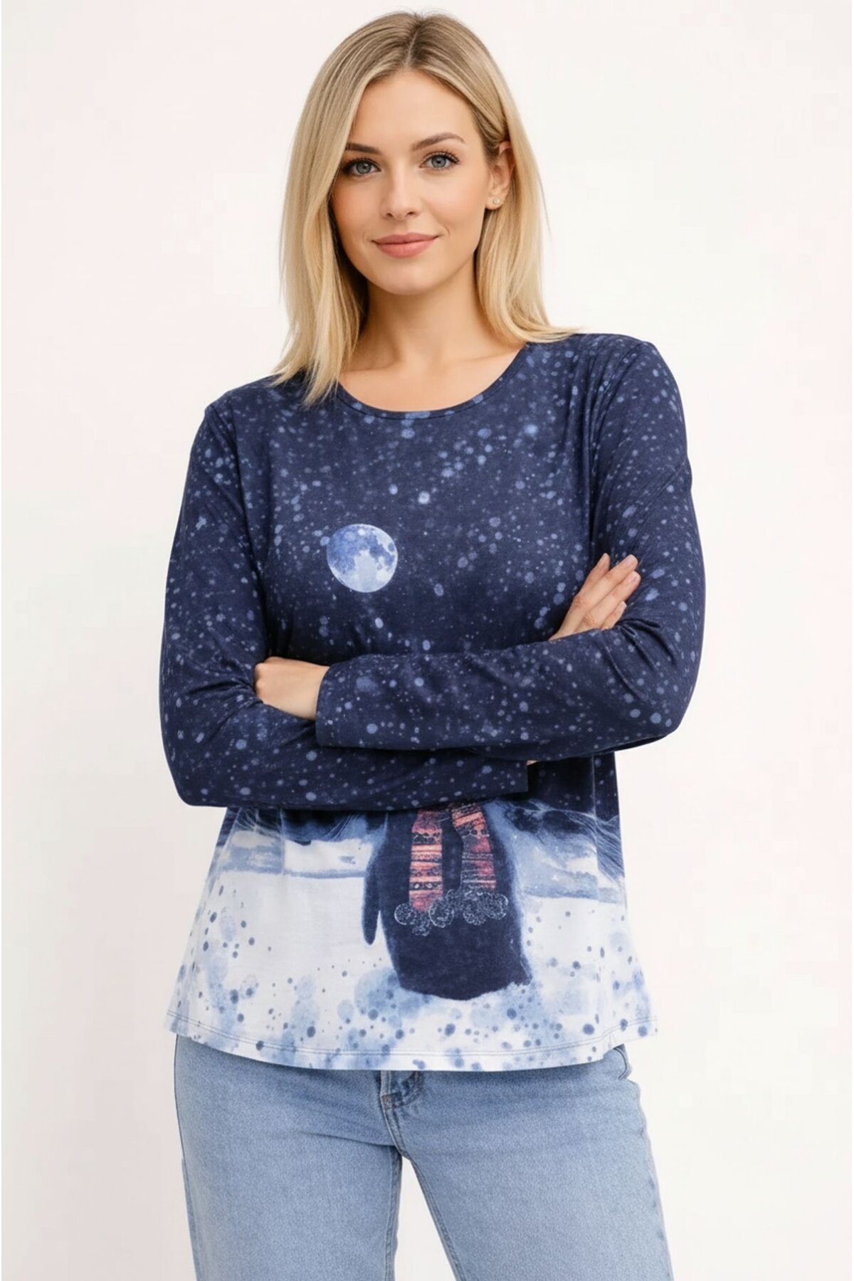 Kadın Bisiklet Yaka Uzun Kol Dijital Baskı Penguenli Pamuk Basic T-shirt