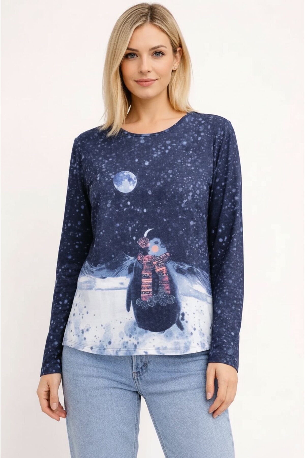 Kadın Bisiklet Yaka Uzun Kol Dijital Baskı Penguenli Pamuk Basic T-shirt