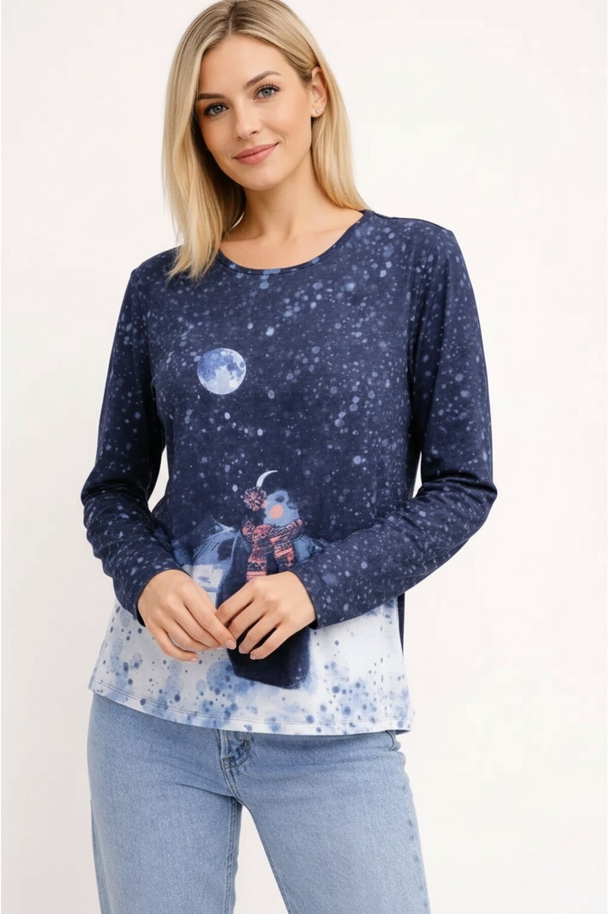 Kadın Bisiklet Yaka Uzun Kol Dijital Baskı Penguenli Pamuk Basic T-shirt