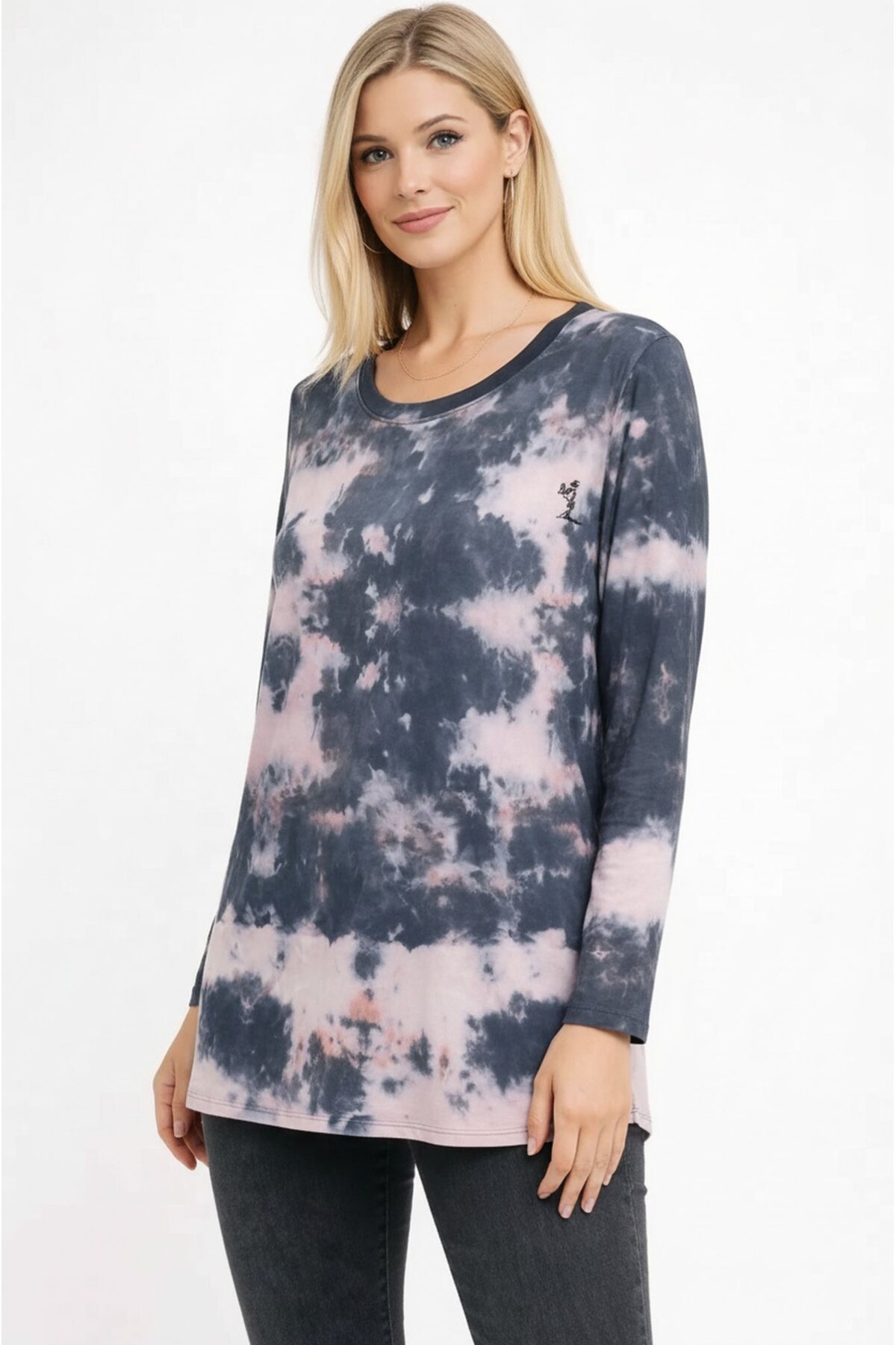 Kadın Bisiklet Yaka Uzun Kol Dijital Baskı Batik Pamuk Basic T-shirt