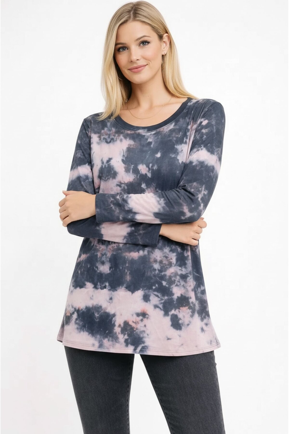 Kadın Bisiklet Yaka Uzun Kol Dijital Baskı Batik Pamuk Basic T-shirt