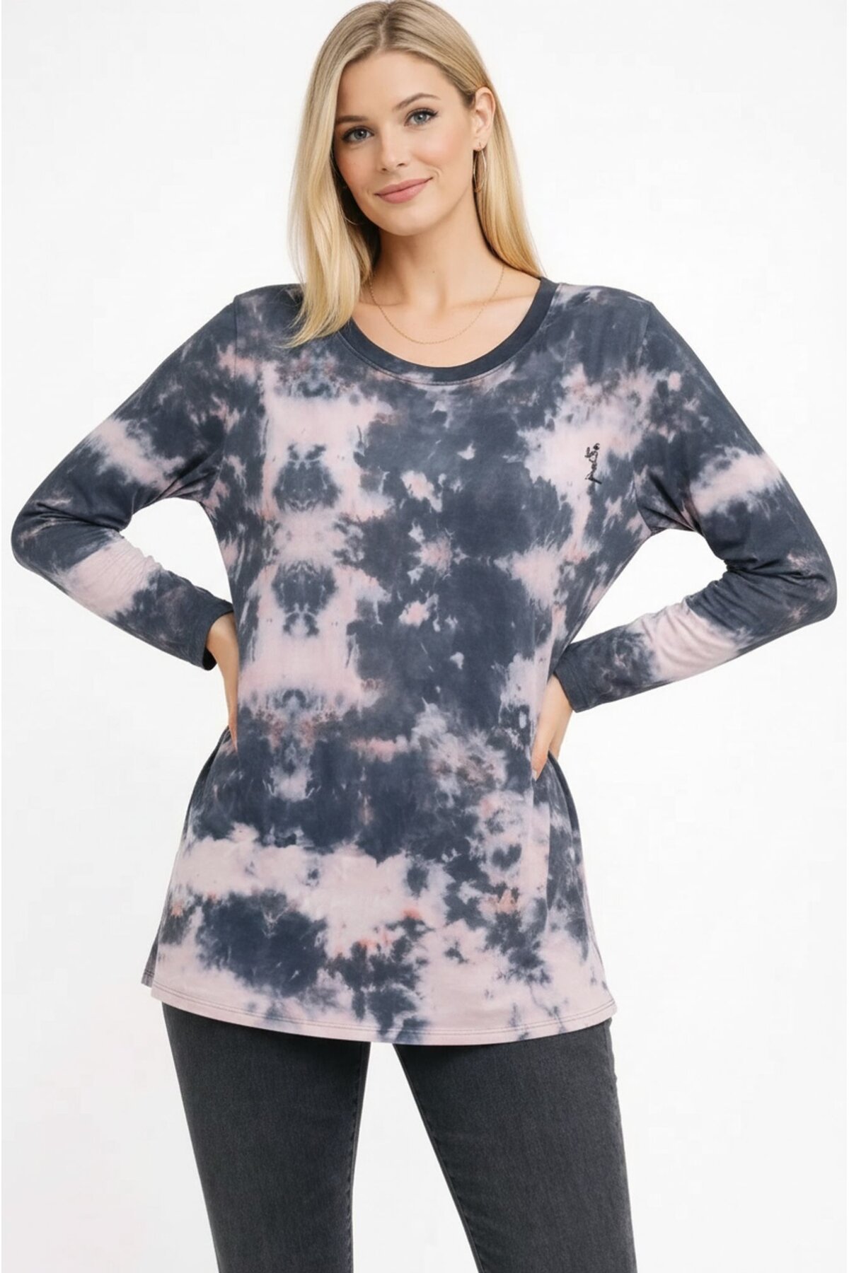 Kadın Bisiklet Yaka Uzun Kol Dijital Baskı Batik Pamuk Basic T-shirt