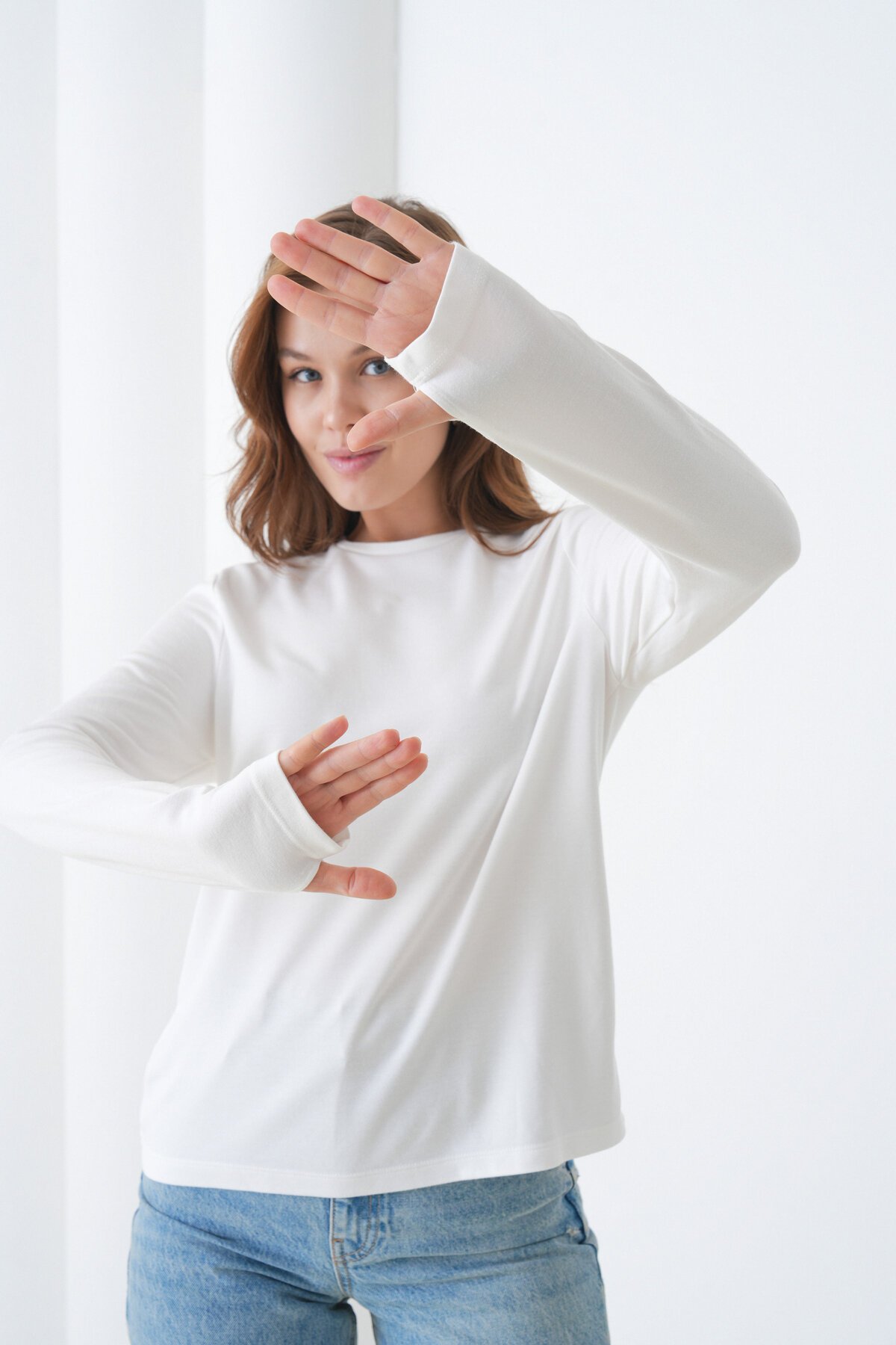 Kadın Bisiklet Yaka Uzun Kol Parmak Geçirmeli Spor Şık Bluz