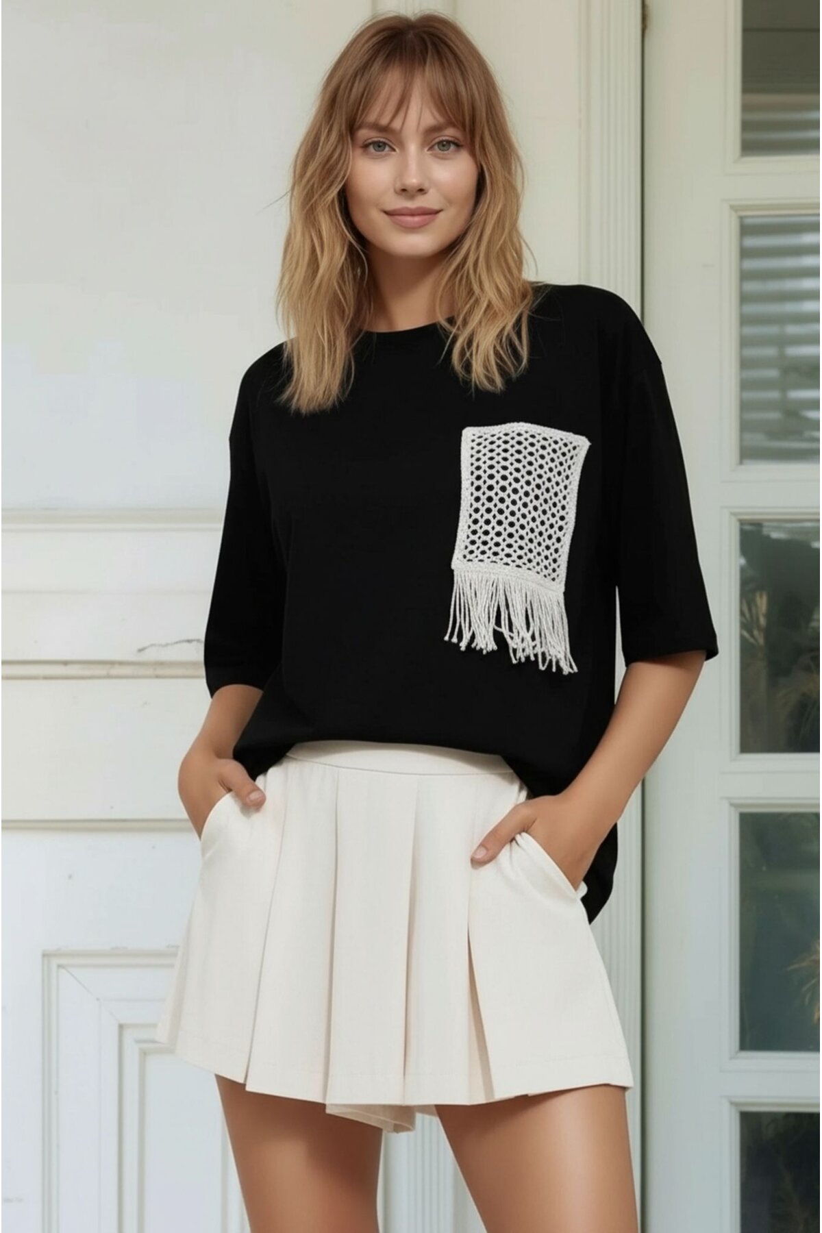 Kadın Bisiklet Yaka Yarım Kol Basic %100 Pamuk Düz Cep Örgü Curve Büyük Beden Tshirt