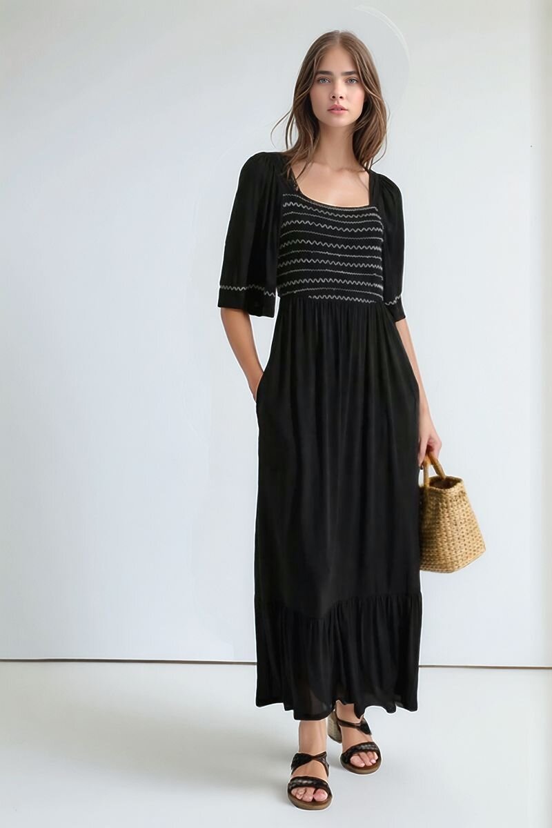 Kadın Kare Yaka Yarım Kol Maxi Boy Günlük/Casual Yazlık Viskon Spor Şık Elbise