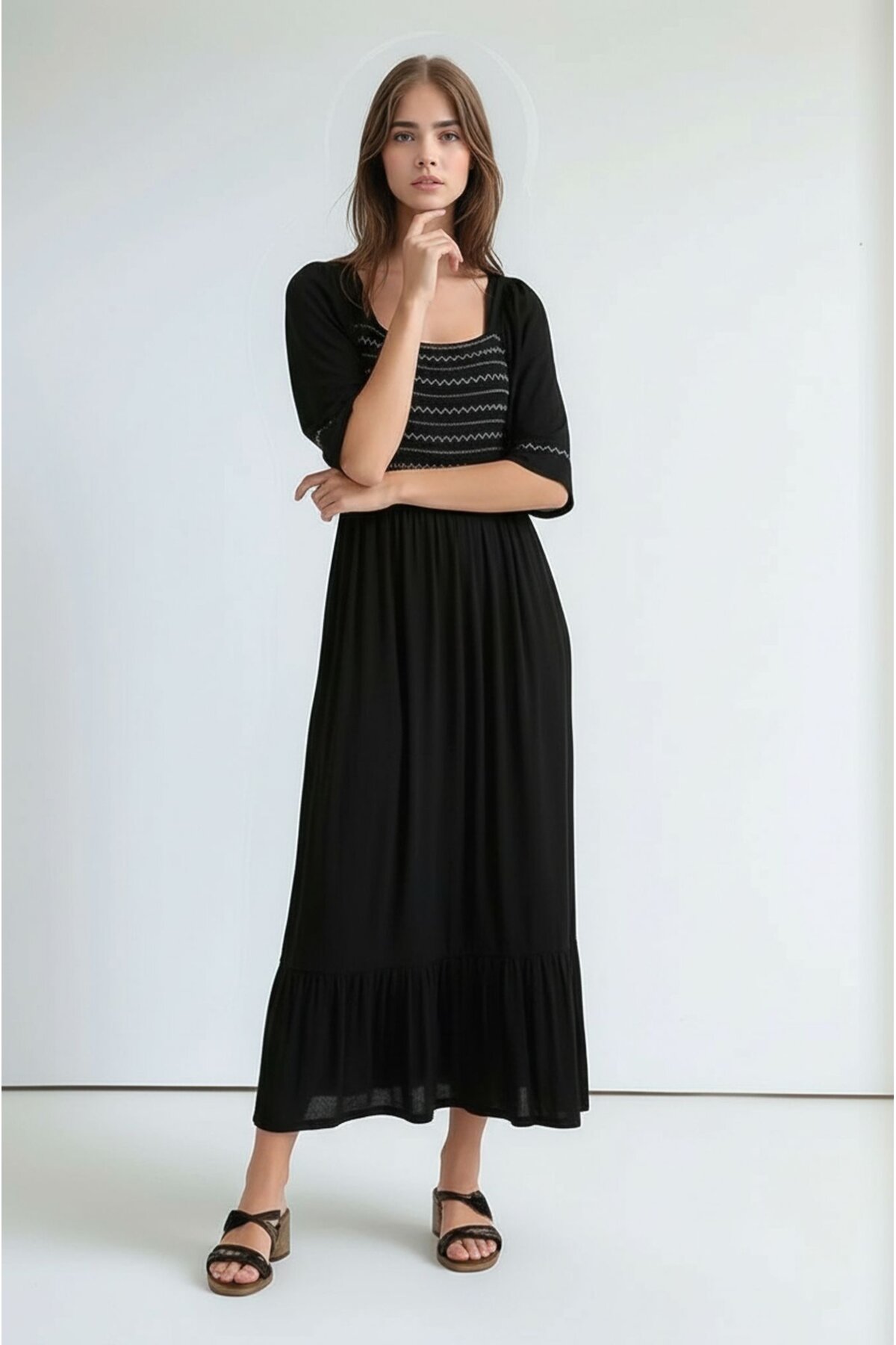 Kadın Kare Yaka Yarım Kol Maxi Boy Günlük/Casual Yazlık Viskon Spor Şık Elbise