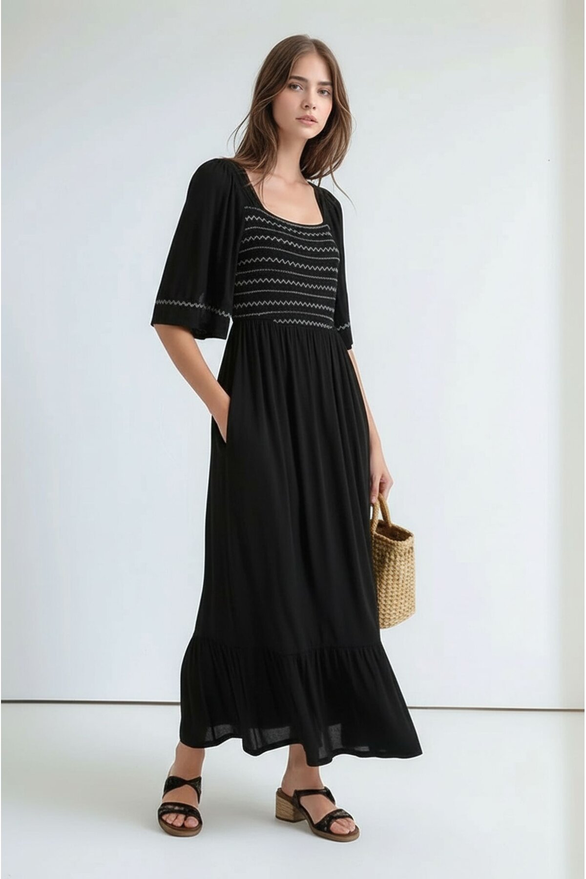 Kadın Kare Yaka Yarım Kol Maxi Boy Günlük/Casual Yazlık Viskon Spor Şık Elbise