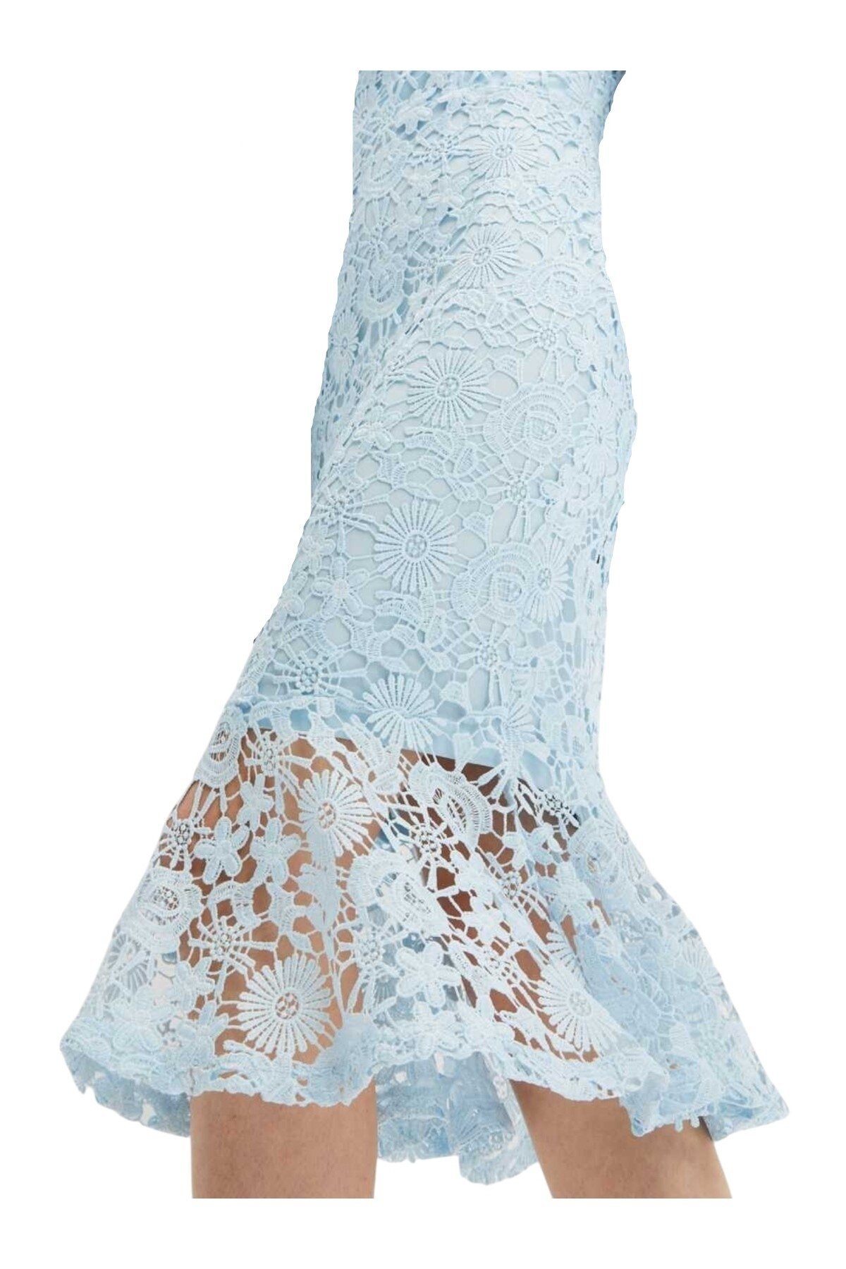 Kadın Boyundan Bağlamalı Astarlı Eteği Volanlı Balık Model Güpür Detaylı Abiye Gece Curve Şık Elbise