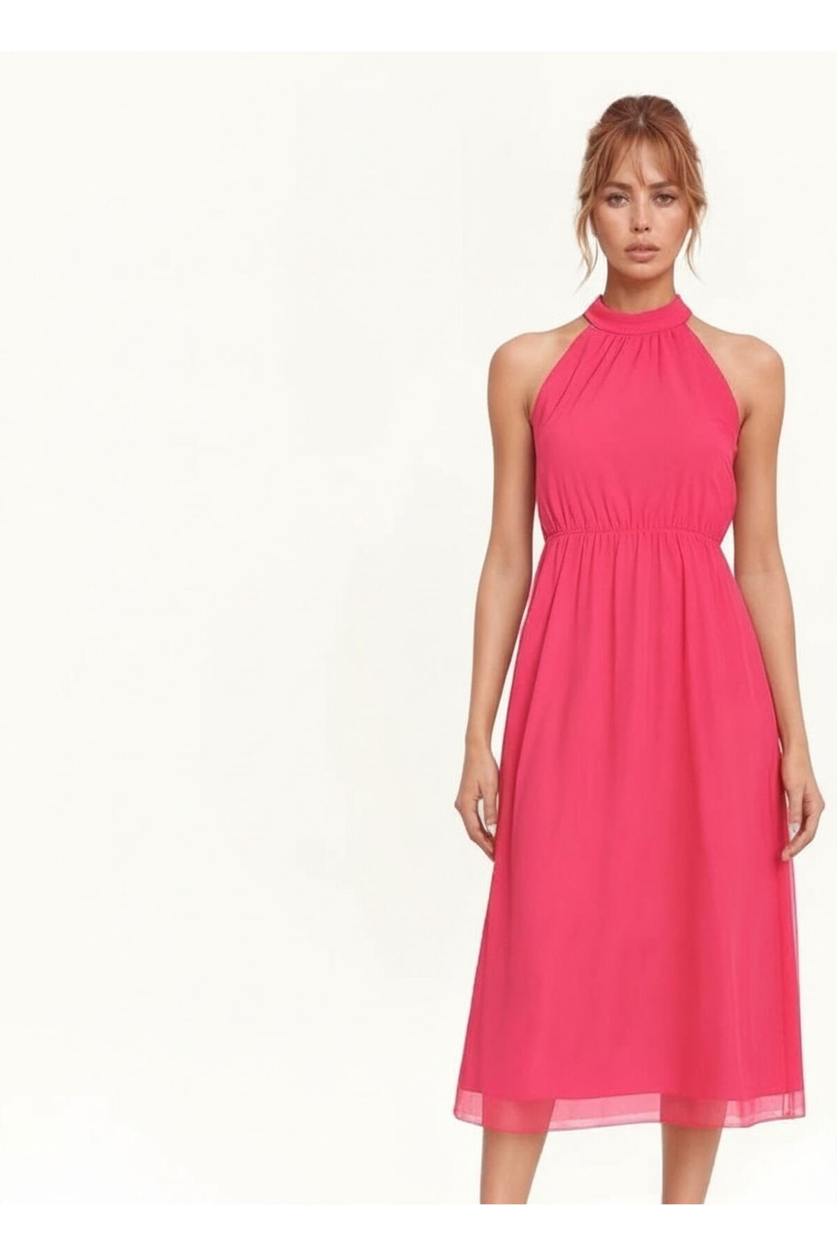 Kadın Boyundan Bağlamalı Belden Büzgülü Kolsuz Spor Şık Fuşya Tül Büyük Curve Elbise