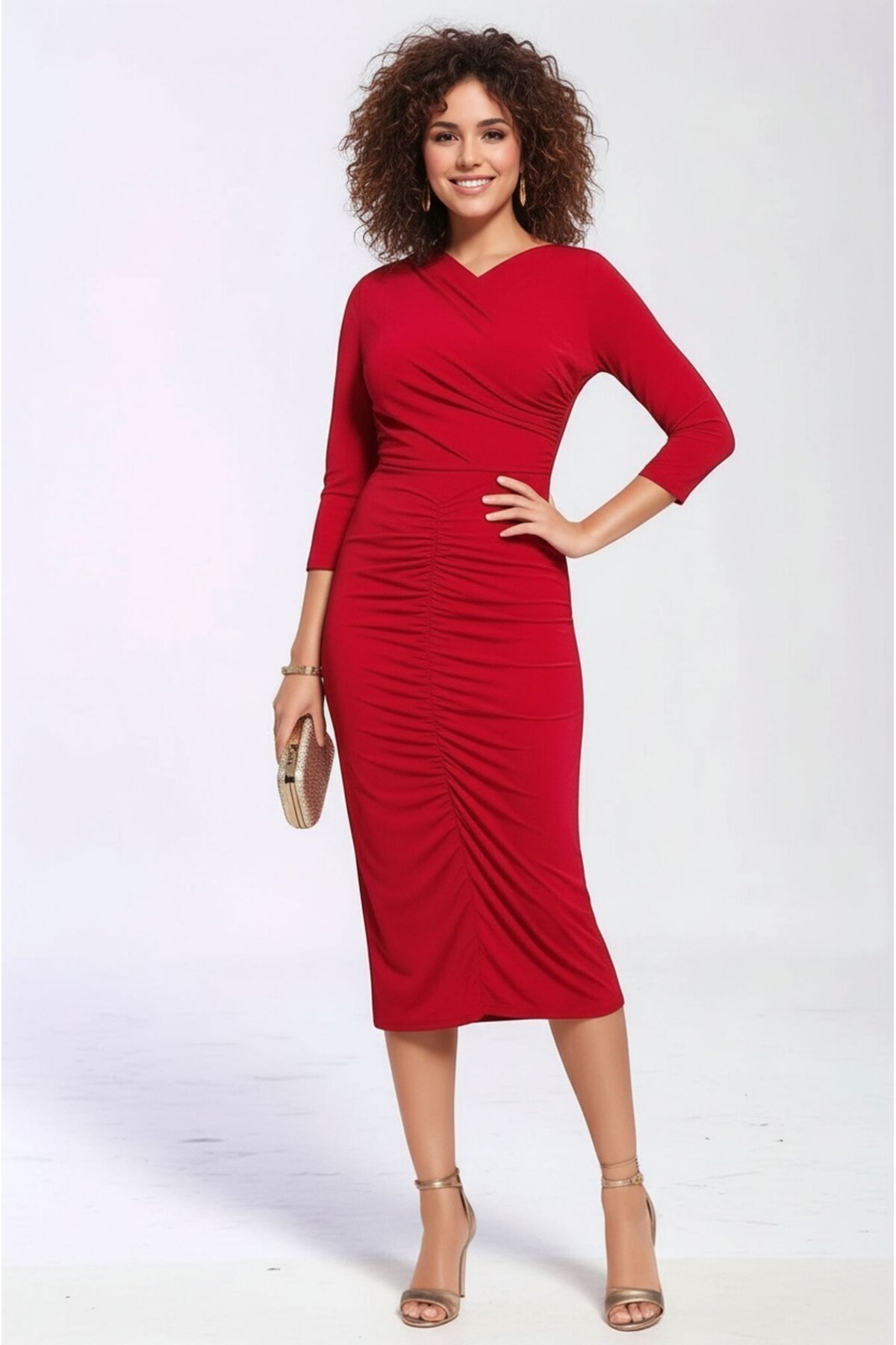 Kadın Büyük Beden Asimetrik Yaka Önden Büzgülü Uzun Kol Kırmızı Şık Curve Gece Abiye Elbisesi