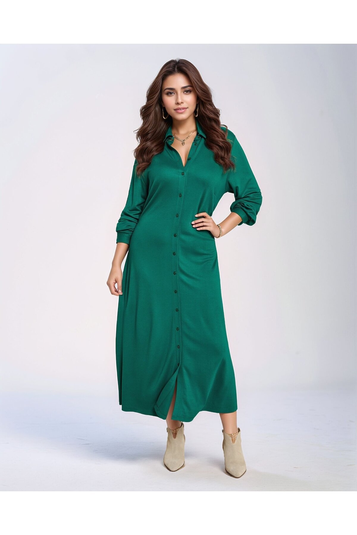 Kadın Büyük Beden Gömlek Yaka Önden Düğmeli Beli Kuşaklı Uzun Kol Şık Curve Elbise
