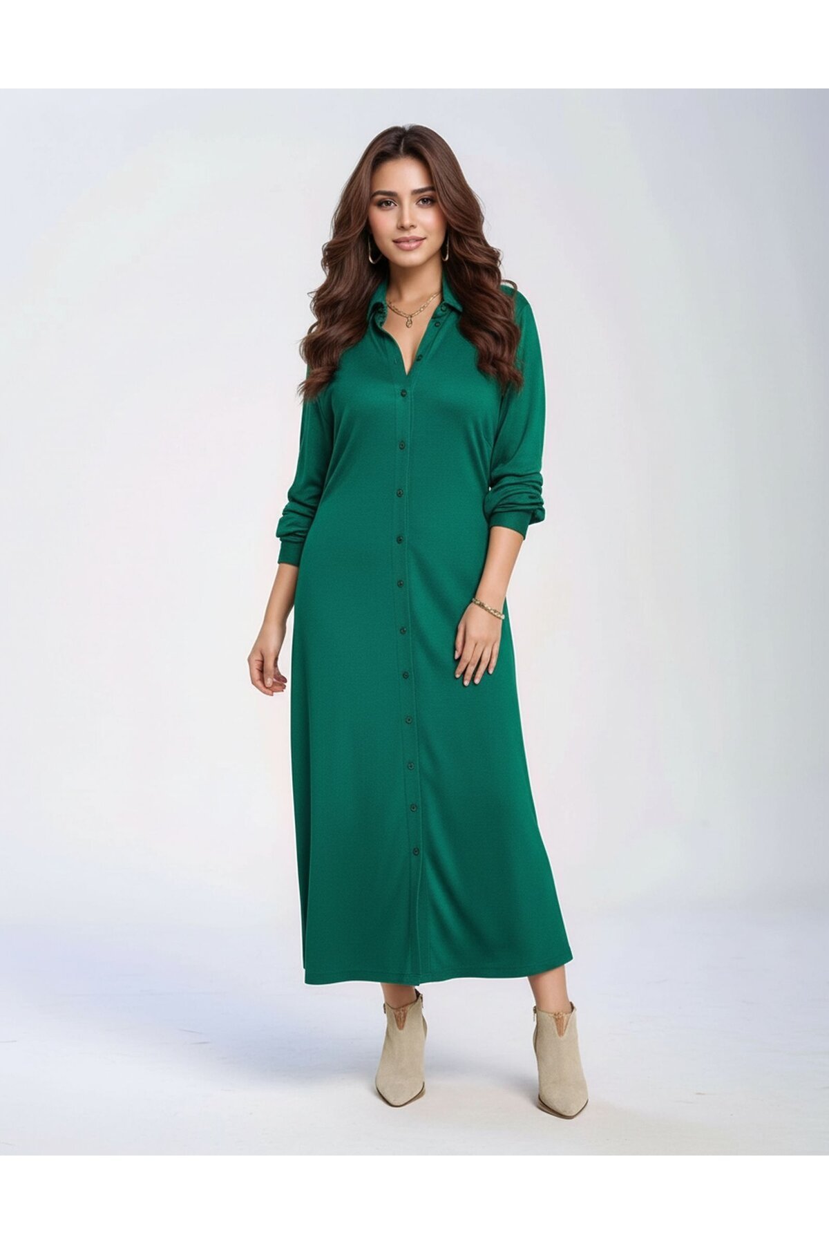 Kadın Büyük Beden Gömlek Yaka Önden Düğmeli Beli Kuşaklı Uzun Kol Şık Curve Elbise