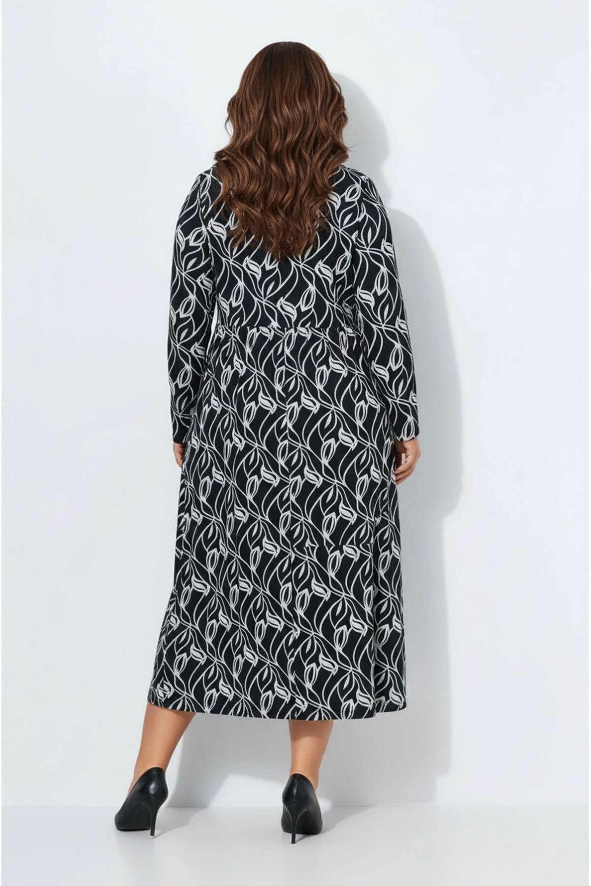 Kadın Büyük Beden Bisiklet Yaka Desenli Belden Latik Uzun Kol Şık Curve Elbise