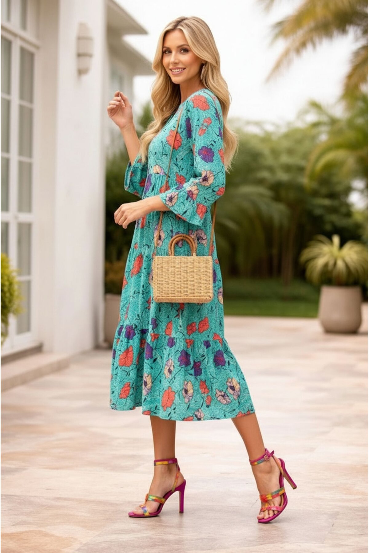 Kadın Büyük Beden Truvakar Kol Volanlı Katlı Etekli Curve Spor Şık Pamuk Yazlık Elbise