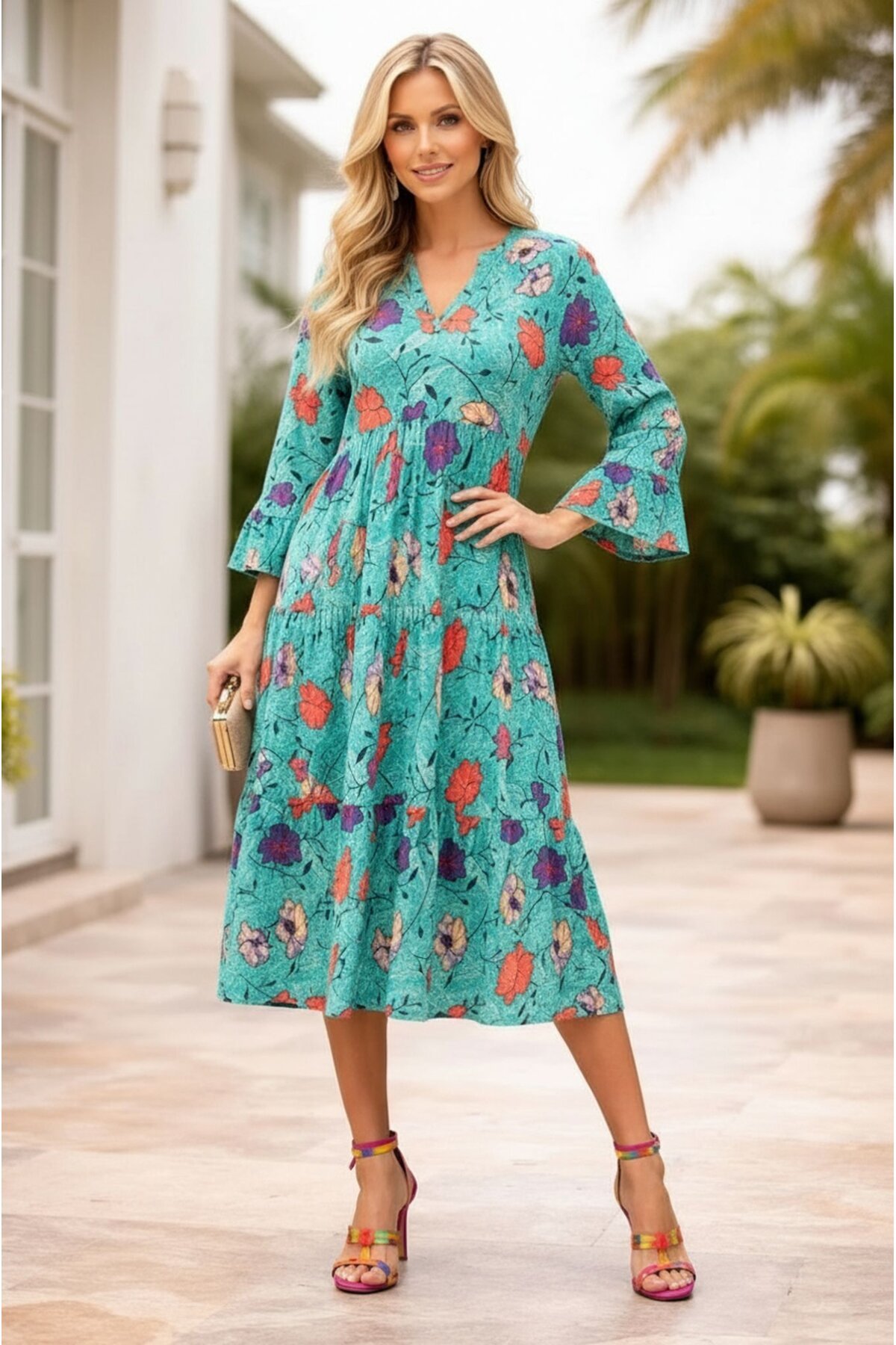 Kadın Büyük Beden Truvakar Kol Volanlı Katlı Etekli Curve Spor Şık Pamuk Yazlık Elbise