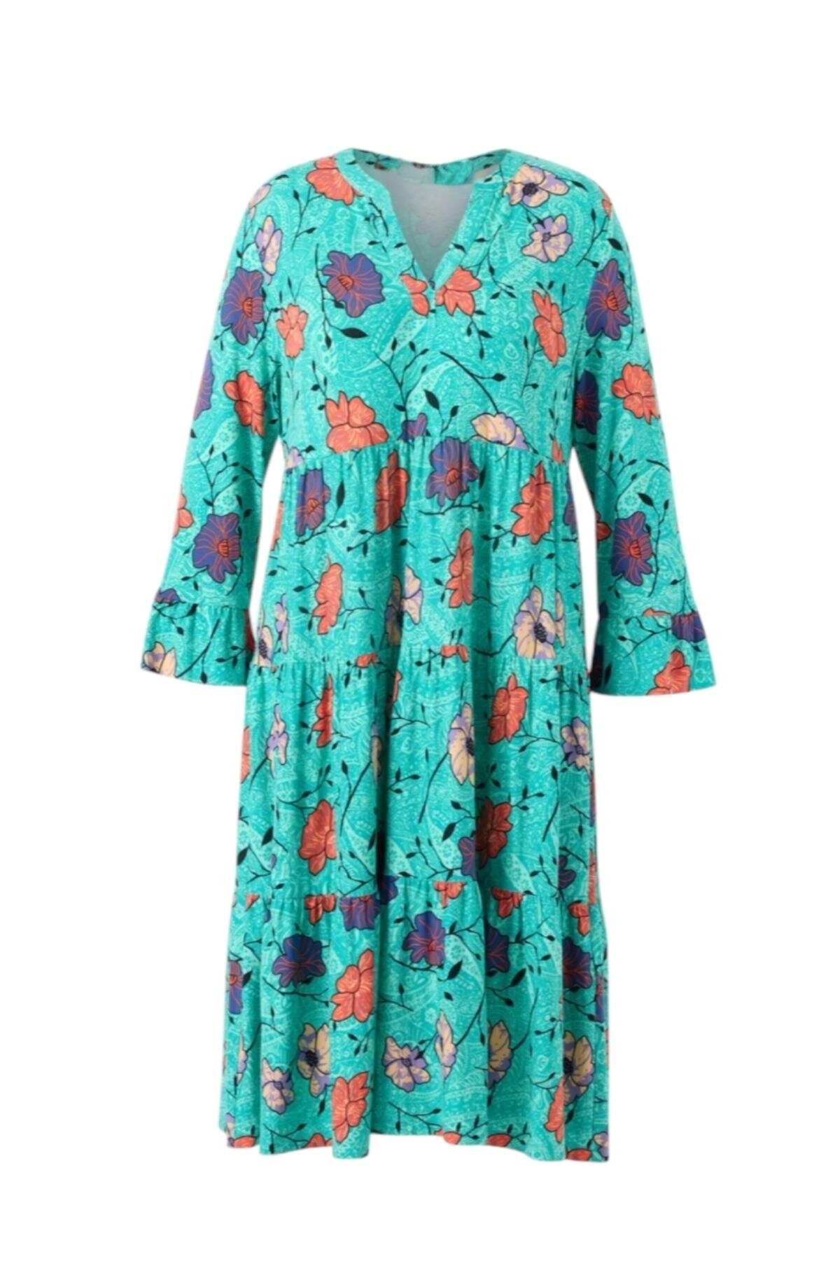 Kadın Büyük Beden Truvakar Kol Volanlı Katlı Etekli Curve Spor Şık Pamuk Yazlık Elbise