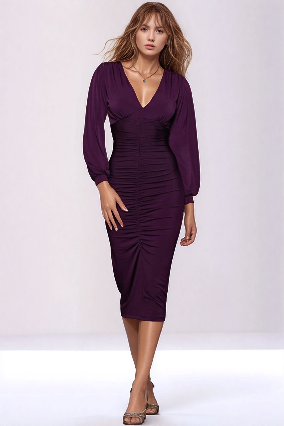 Kadın Büyük Beden V Yaka Önden Büzgülü Uzun Kol Mürdüm Rengi Şık Curve Gece Abiye Elbisesi