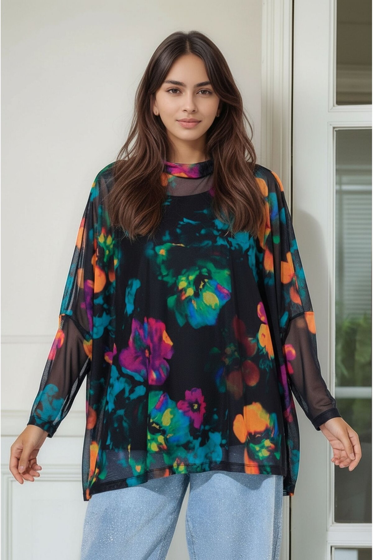 Kadın Çiçek Desenli Yarım Balıkçı Büyük Beden Curve Spor Şık Uzun Kol Atletli Tül Bluz