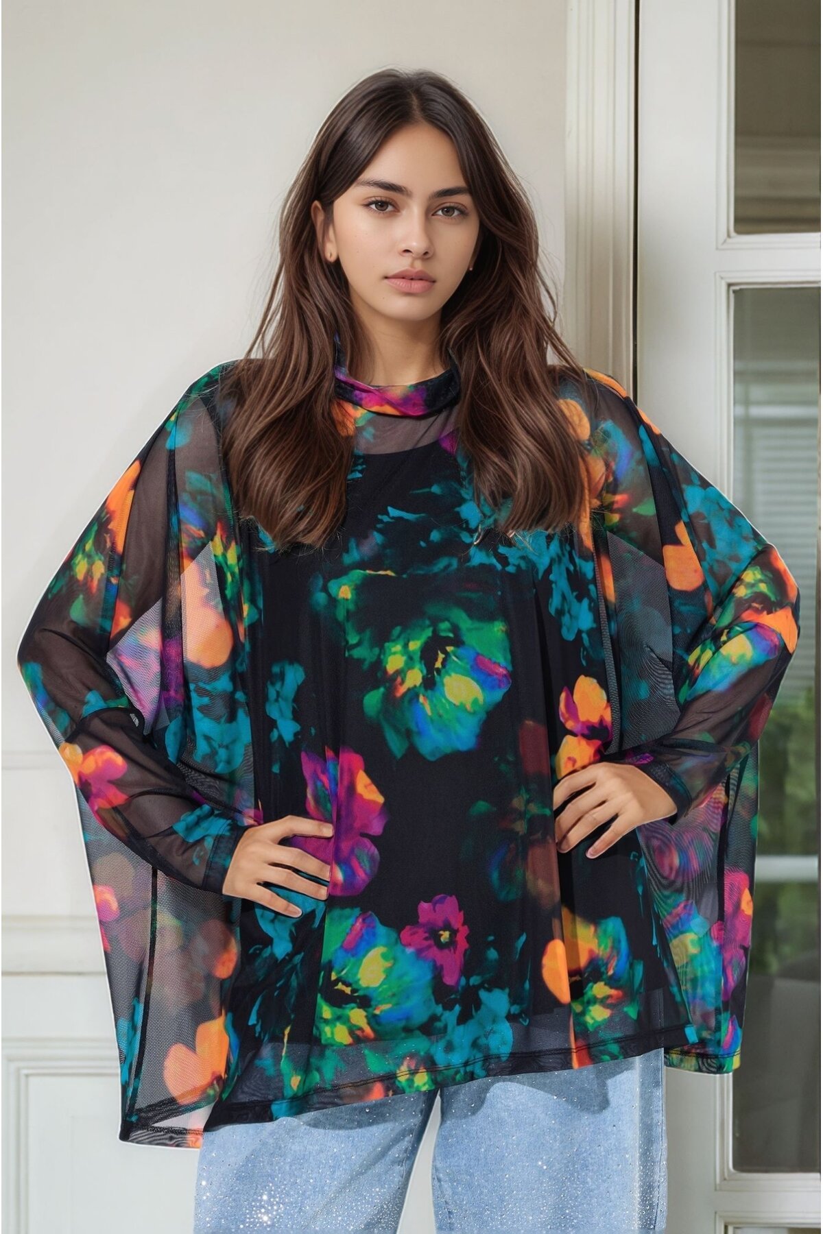 Kadın Çiçek Desenli Yarım Balıkçı Büyük Beden Curve Spor Şık Uzun Kol Atletli Tül Bluz