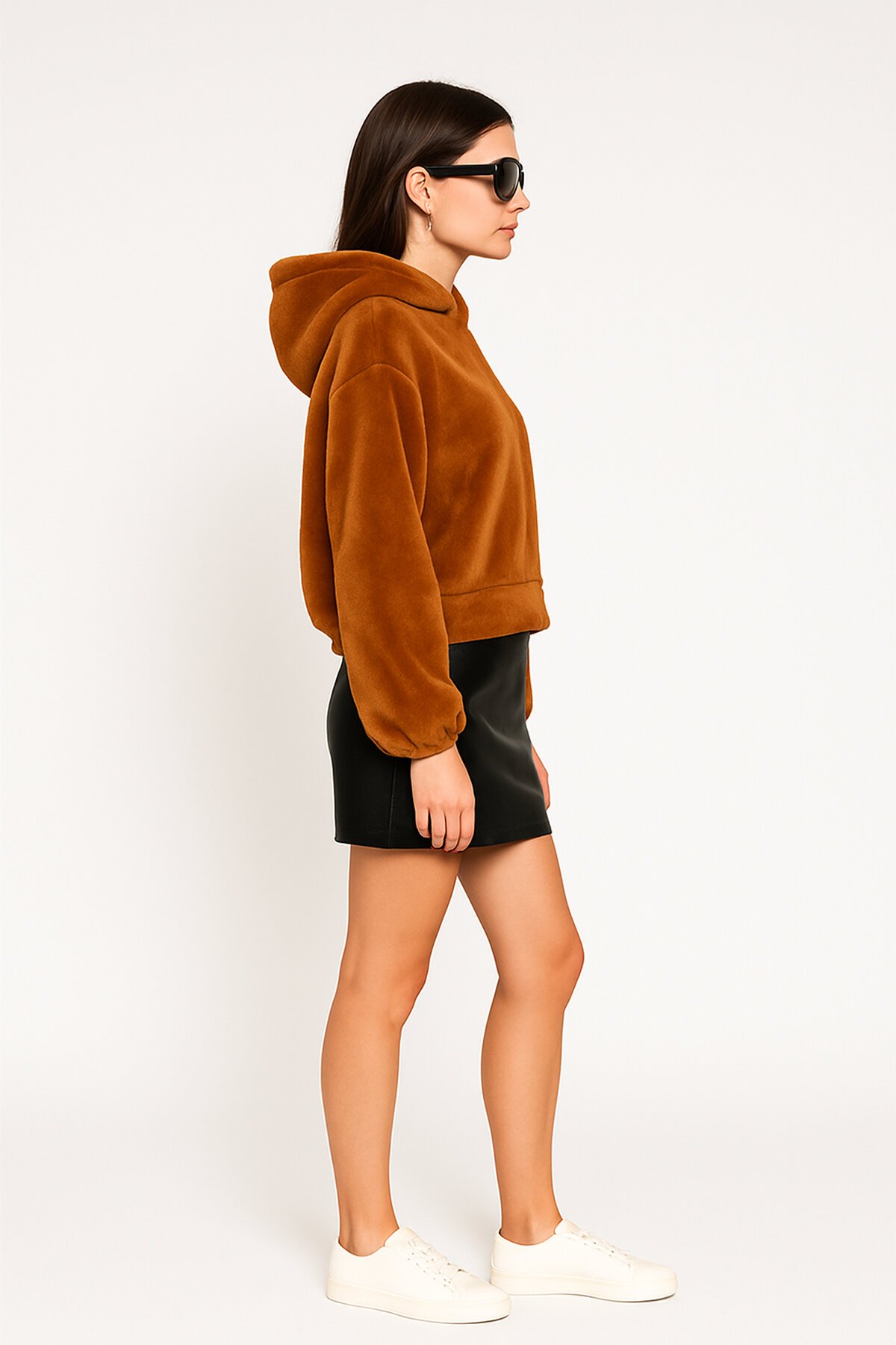 Kadın Crop Boy Yumuşacık Balon Uzun Kol Kapüşonlu Şık Kısa Sweatshirt