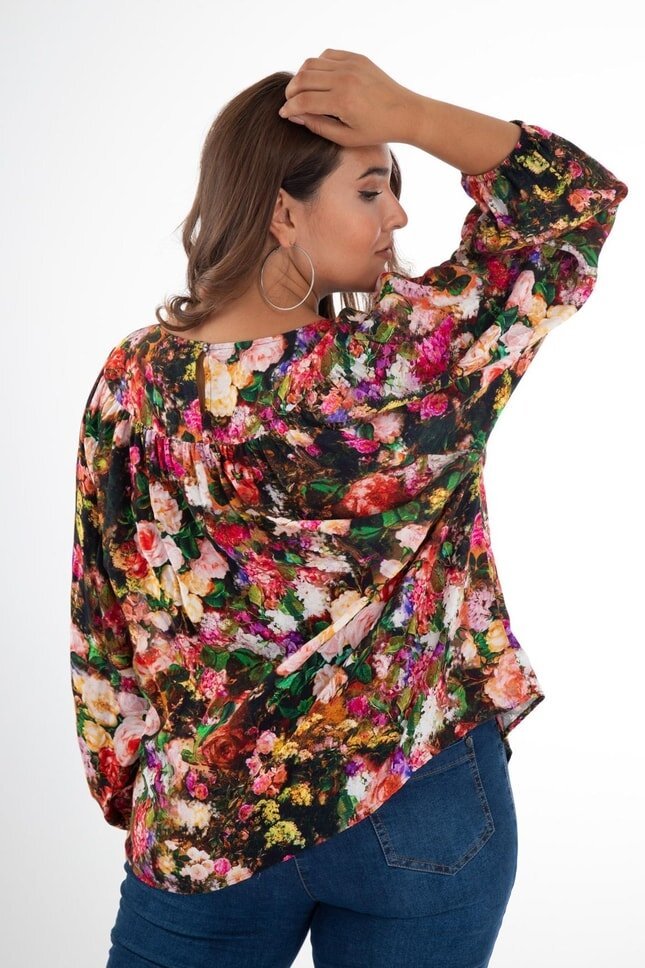 Kadın Curve Büyük Beden Önü Çiçek Drapeli Uzun Kol Spor Şık Bluz