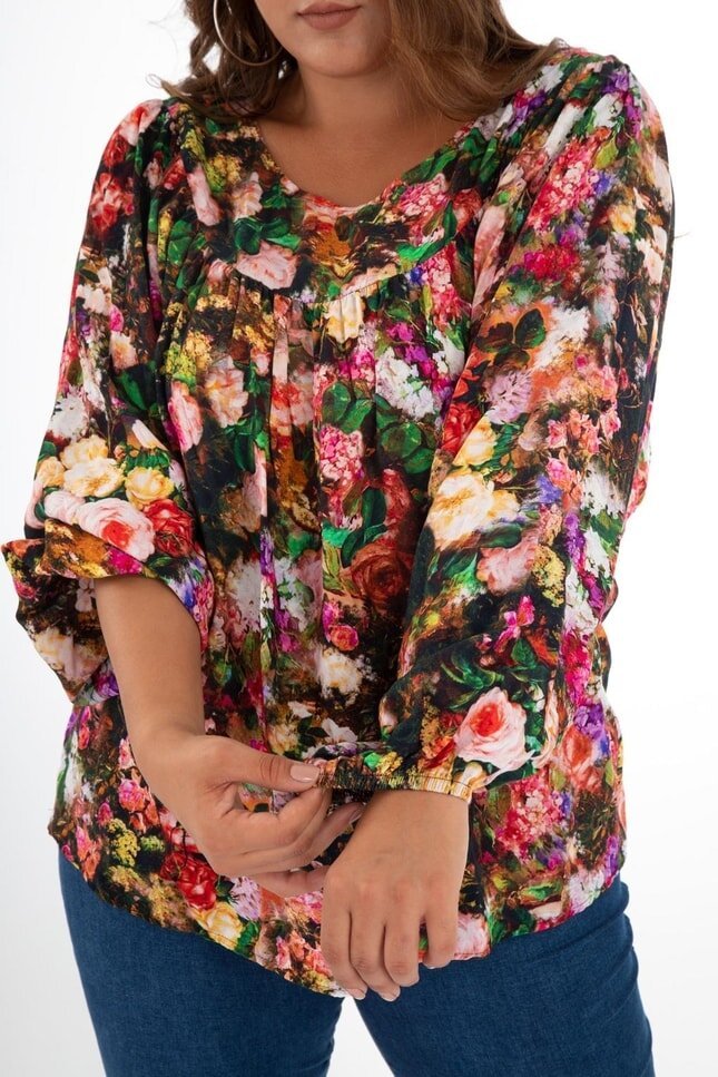 Kadın Curve Büyük Beden Önü Çiçek Drapeli Uzun Kol Spor Şık Bluz