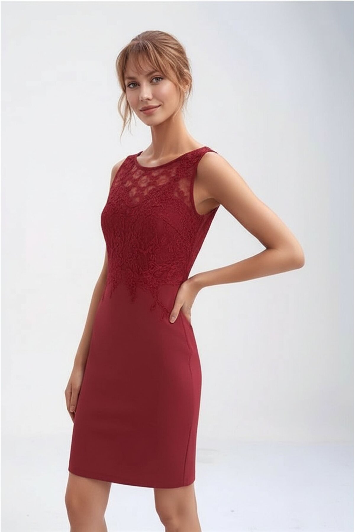 Kadın Dantel Bisiklet Yaka Askılı Şık Gece Abiye Mini Elbise