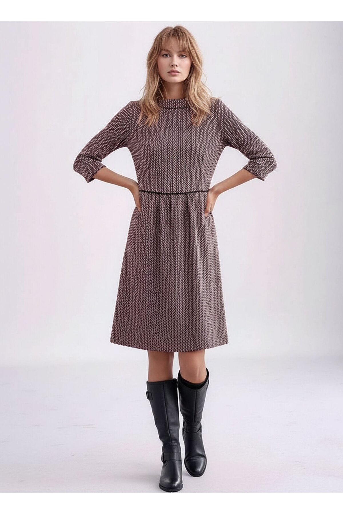 Kadın Degaje Yaka Uzun Kollu Cepli Büyük Beden Curve Şık Elbisesi