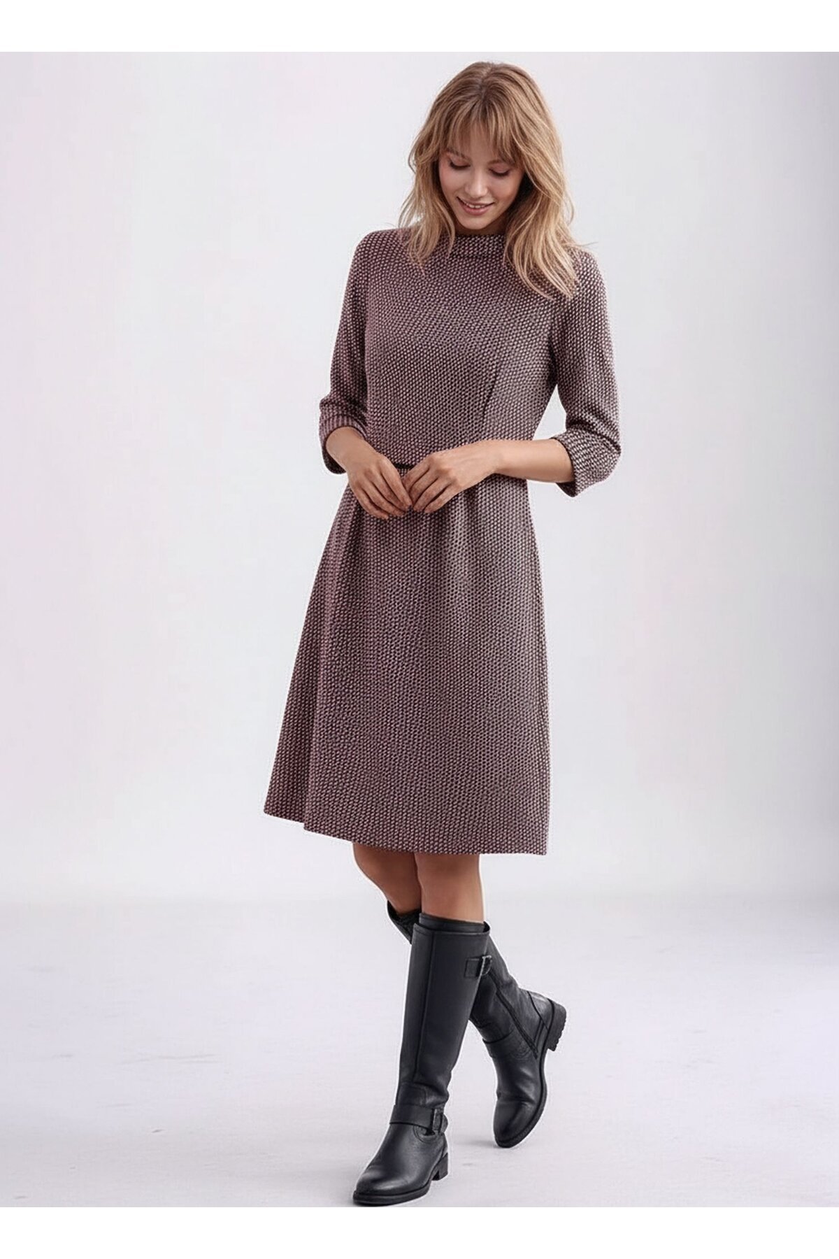 Kadın Degaje Yaka Uzun Kollu Cepli Büyük Beden Curve Şık Elbisesi