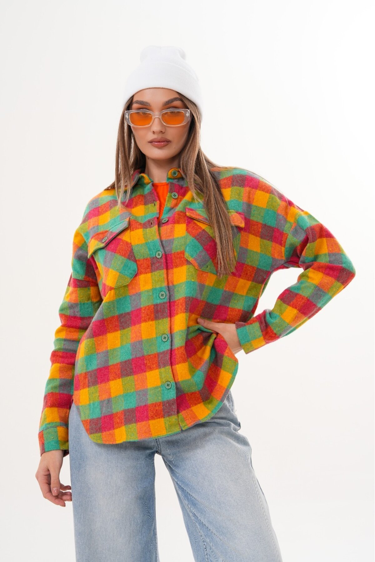 Kadın Desen Bloklu Oduncu Oversize Bol ve Geniş Kalıp Casual Cepli Yakalı Ceket Gömlek